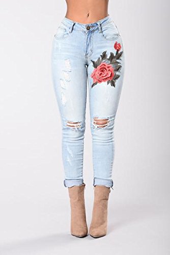 Rose Embroidered Jeans for Women - Distressed Wash Stretchy Skinny Jeans with Floral Embroidery | Perfect for Casual Wear, Date Nights & Boho Fashion Outfits