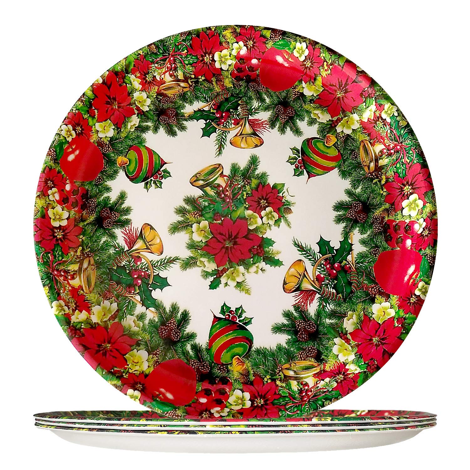 4-Piece Vintage Decorative Plastic Plates Set - 11-Inch Christmas Dinner Plates with Red Poinsettia Floral Design - Perfect for Holiday Parties, Gift Giving & Festive Table Settings