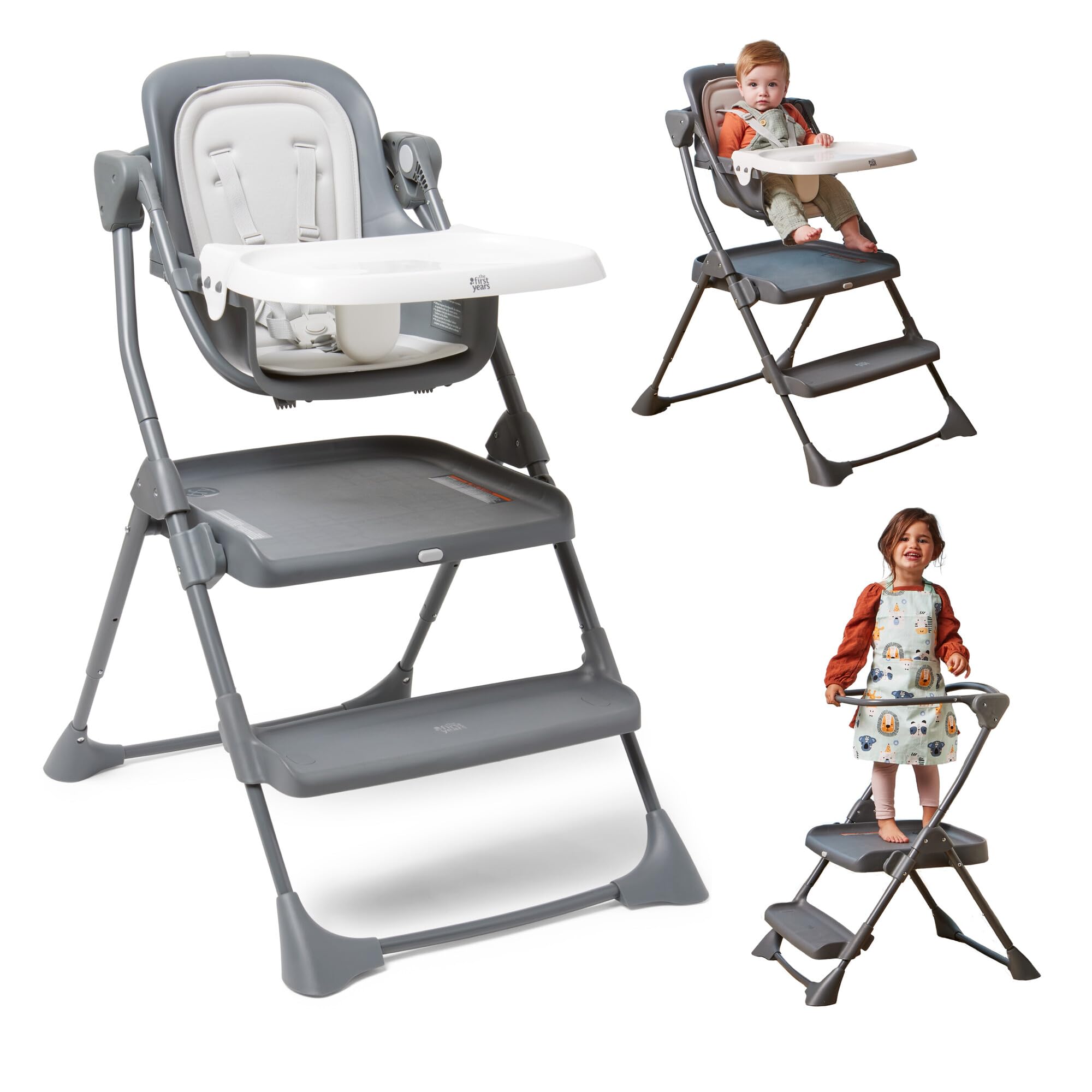 The First Years Convertible Baby High Chair & Toddler Step Stool - Foldable Adjustable 3-in-1 Grow with Me Highchair - Easy Clean Kitchen Helper Stool for Babies & Kids - Perfect for Feeding, Learning & Playtime
