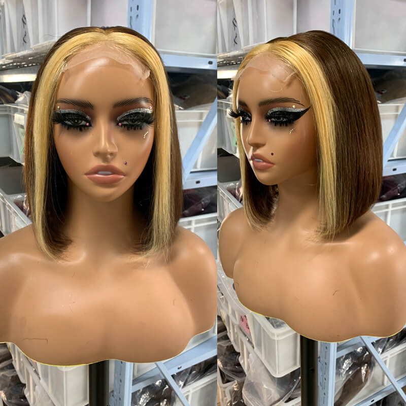 Eullair Short Layered Straight Bob Wig - Chocolate Brown with Honey Blonde Highlights 100% Human Hair Wavy Loose Wig for Women | Perfect for Cosplay, Daily Wear & Costume Parties