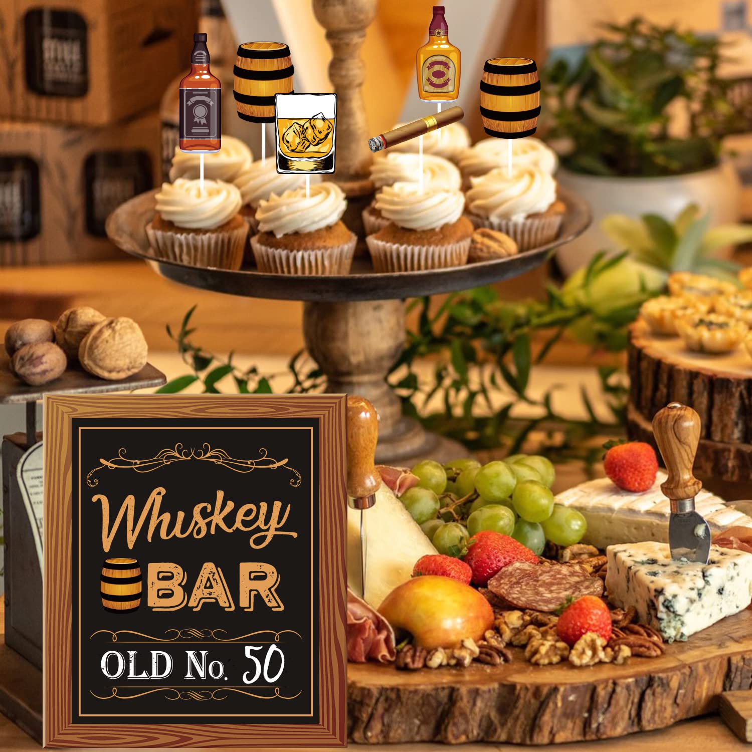 Whiskey Bar Decor Kit - DIY Aged Whiskey Bar Sign & Cake Toppers for Men's 30th 40th 50th Birthday Party Supplies | Perfect for Whiskey Themed Celebrations, Home Bars & Man Cave Decorations
