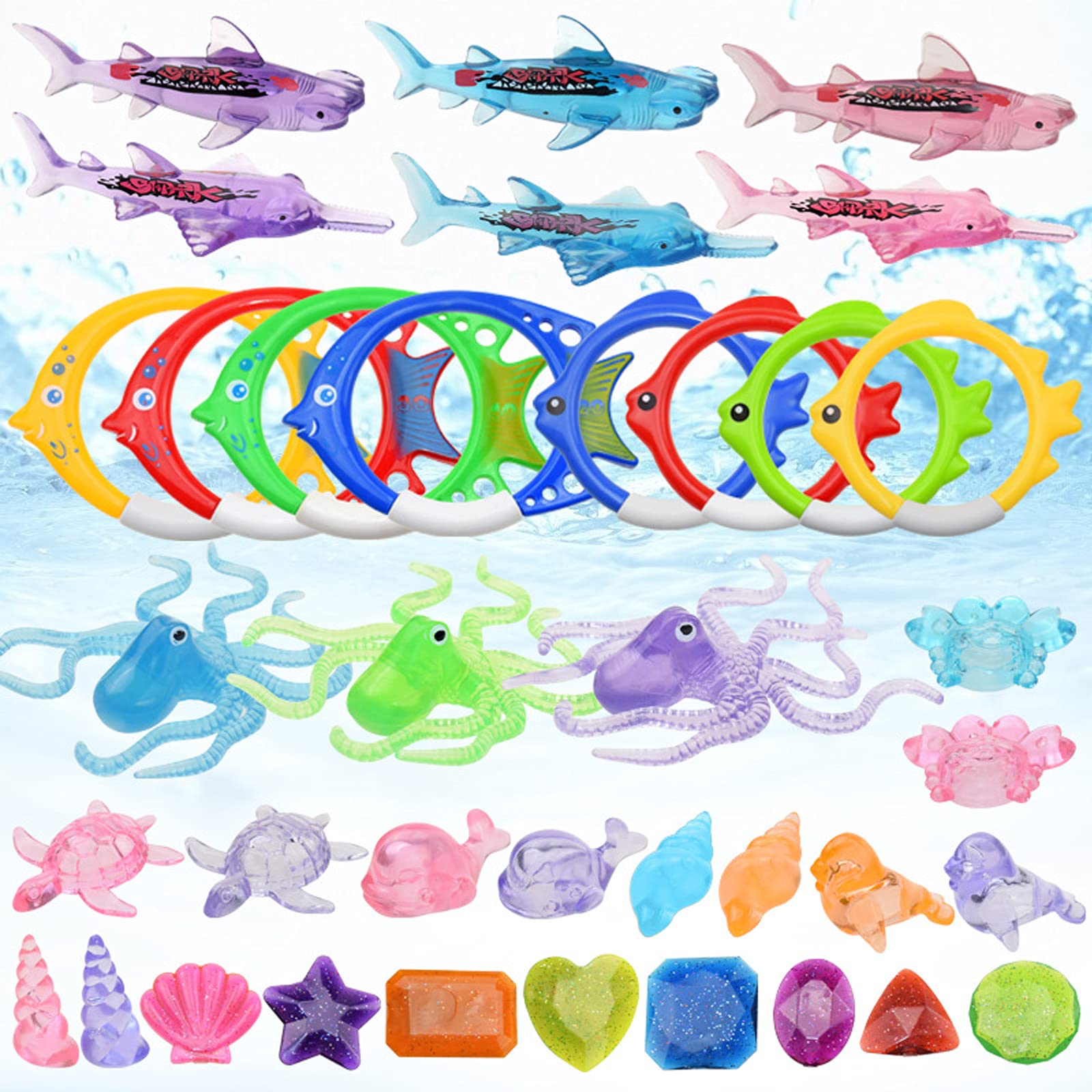 37 Pcs Fun Pool Toys Set - Underwater Swimming Dive Toys with Sea Creatures, Treasure Gems, Octopus & Fish Rings - Transparent Diving Fish Pool Gems for Kids - Perfect for Pool Parties, Summer Fun & Water Play Activities