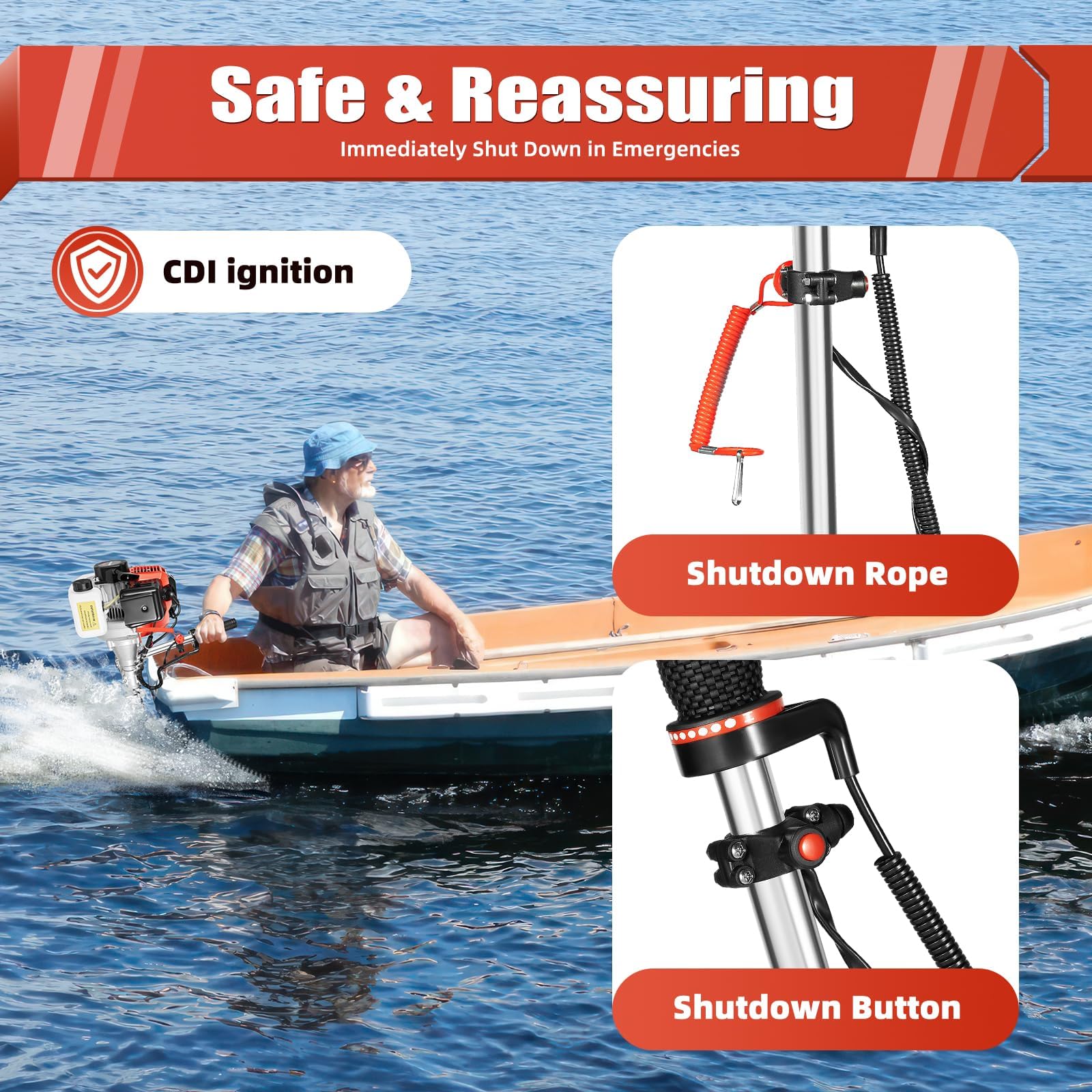 52cc Single Cylinder 2.3HP Gas Outboard Motor - Long Shaft Air Cooled Engine for Inflatable Boats, Fishing Boats, Yachts & Water Sports | Perfect for Lake Fishing, River Cruising & Marine Recreation
