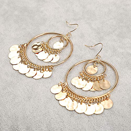 Bohemian Chandelier Earrings for Women - Gold Filigree Tassel Drop Earrings with Sequins & Coin Disc Design | Statement Jewelry for Party, Wedding & Special Occasions