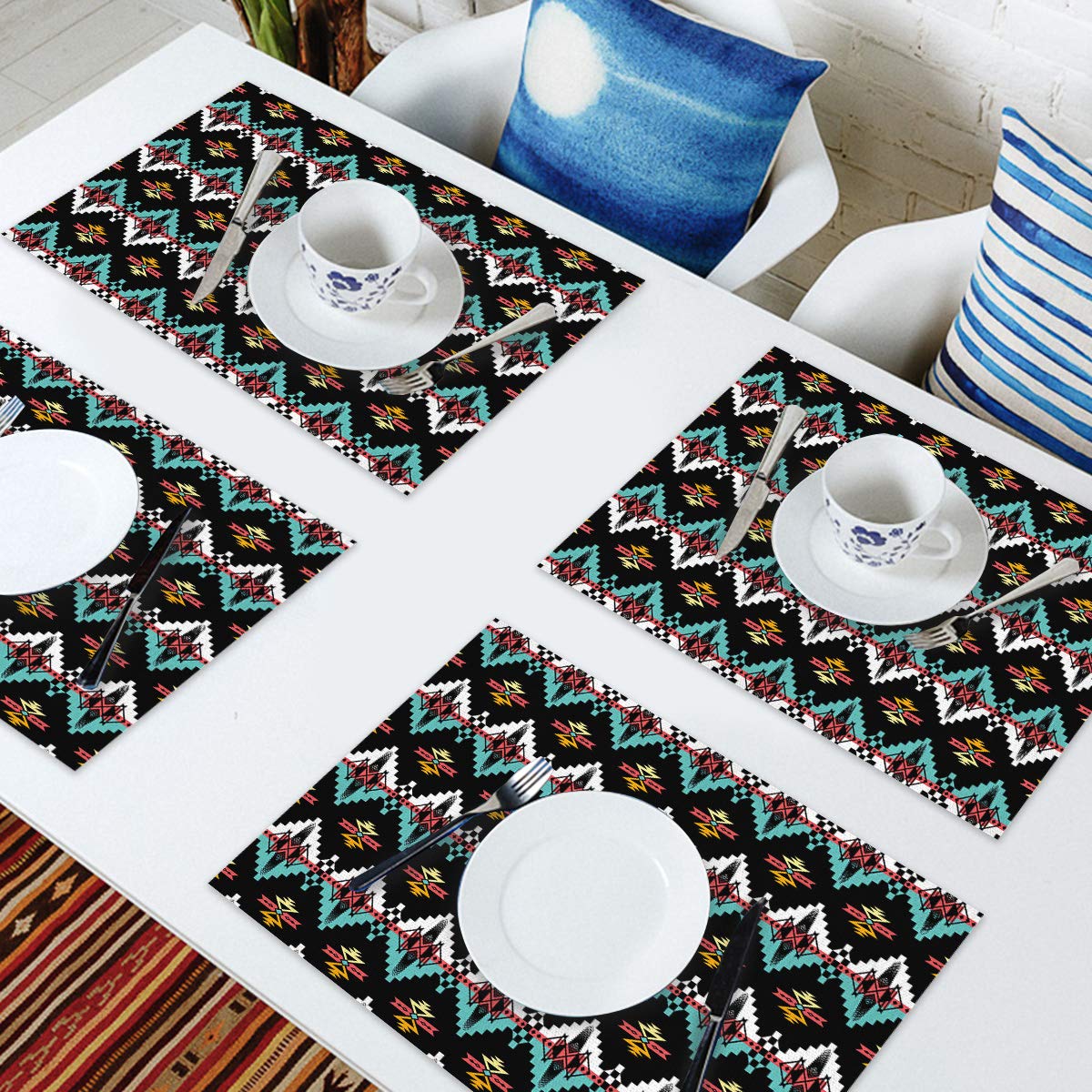 Premium Native American Table Mats Set of 6 - Non-Slip Linen Placemats with Aztec Geometric Patterns for Dining Table, Washable & Easy to Clean - Perfect for Thanksgiving, Christmas Dinner, and Ethnic Home Decor