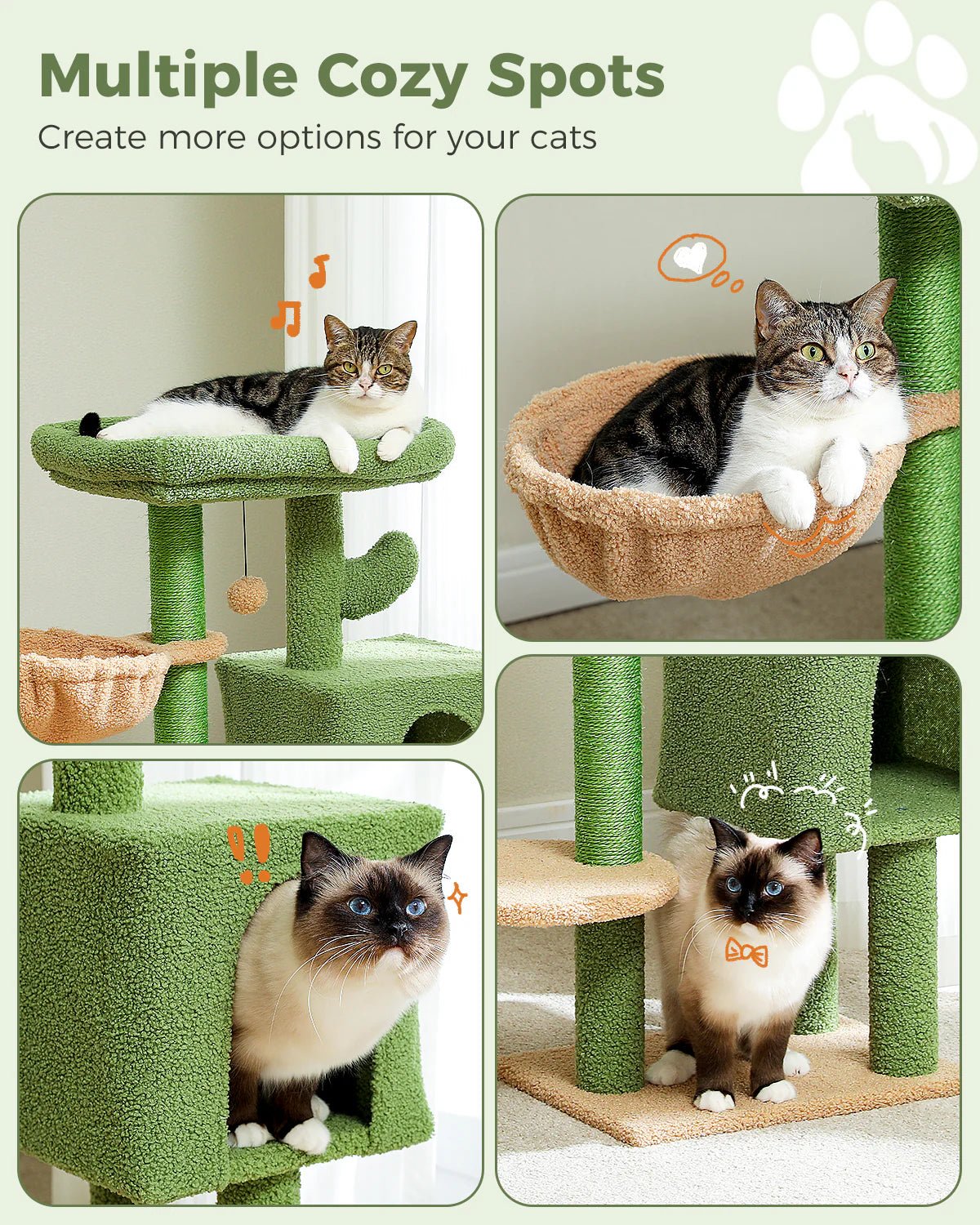 Premium Cat Condo Scratching Post with Hammock & Cactus Design - Multi-Level Cat Tree for Climbing, Scratching & Lounging - Perfect for Indoor Cats, Small Apartments & Playful Kittens