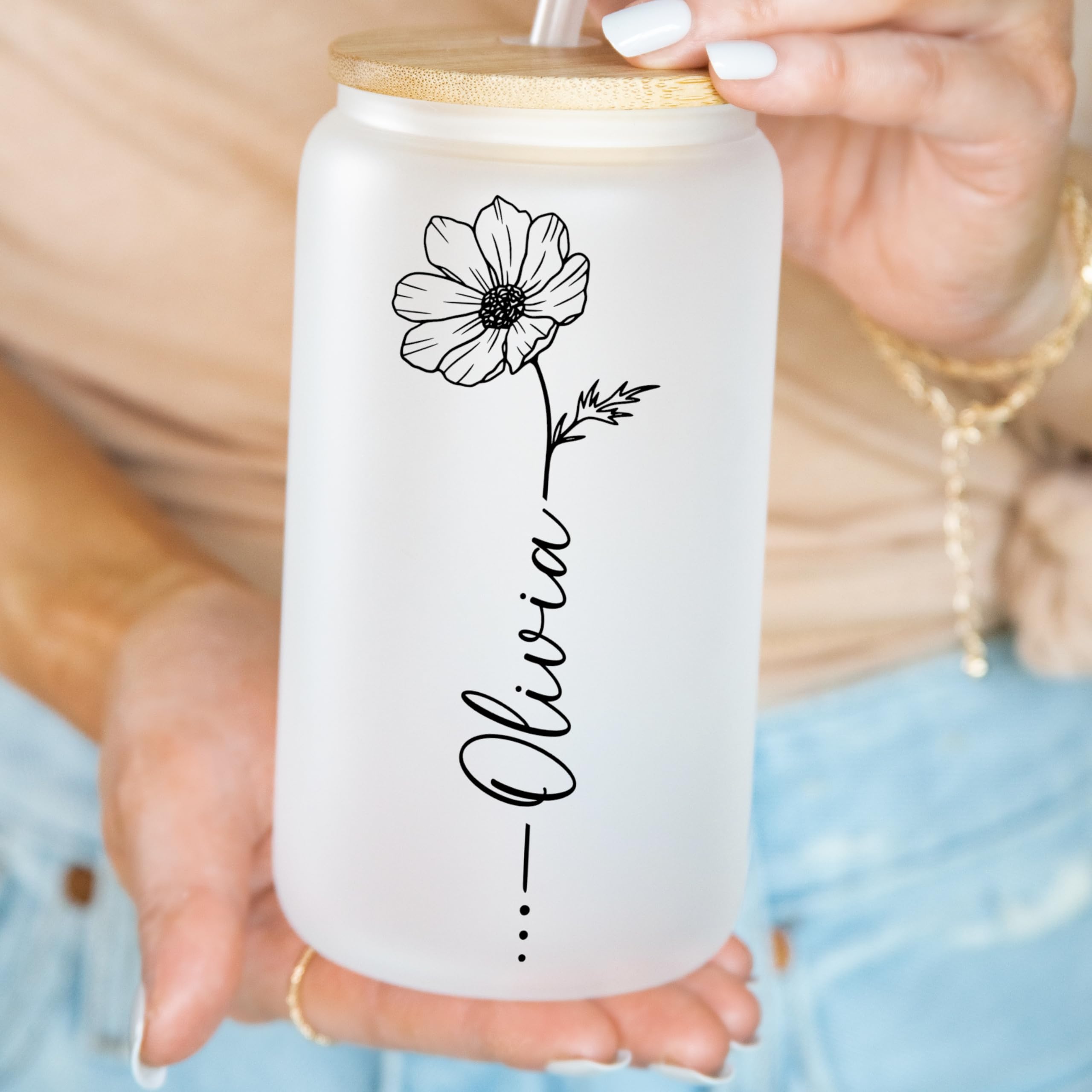 Custom Birth Month Flower Glass Tumbler with Name - Personalized Travel Cup with Lid & Straw - Unique Bridesmaid Proposal Gift - Birthday Present for Women, Mom - Perfect for Coffee, Tea & On-the-Go Hydration