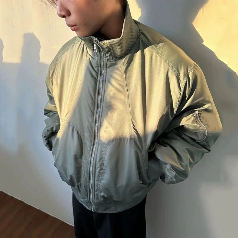 Men's American Style Short Padded Jacket - Stand Collar Windproof Outdoor Winter Coat with Zipper & Patchwork Design | Solid Color Casual Wear for Hiking, Camping & Daily Use | Model 9C8962