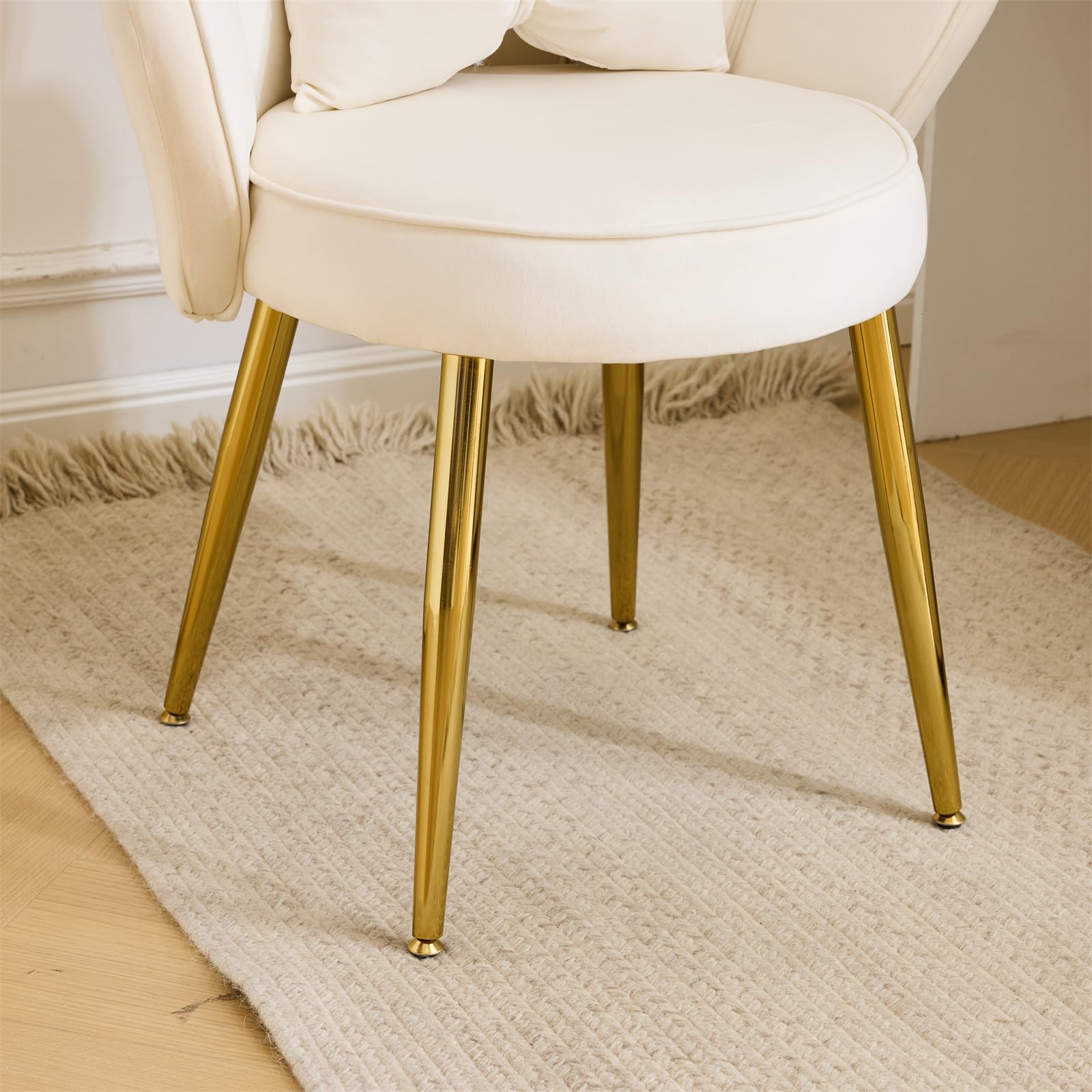 VINGLI Velvet Petal Makeup Vanity Chair with Back - Cute Flower Design, Adjustable Gold Legs & Bow Pillow - Comfortable No-Wheels Desk Chair for Girls, Modern Dining & Accent Chair - Perfect for Home Office, Bedroom, Dressing Room (White)