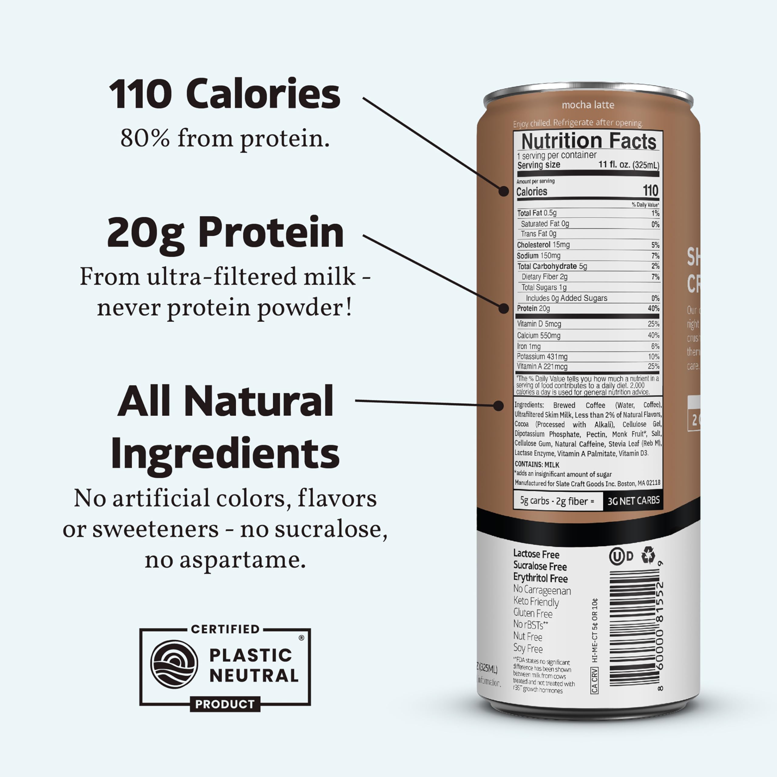 Slate Milk High Protein Shake - Mocha Latte Flavor, 20g Protein, Zero Added Sugar, 175mg Caffeine, Lactose Free, Keto Friendly, All Natural (11 oz, 48-Pack) | Perfect for Post-Workout Recovery, Breakfast On-The-Go & Healthy Snacking