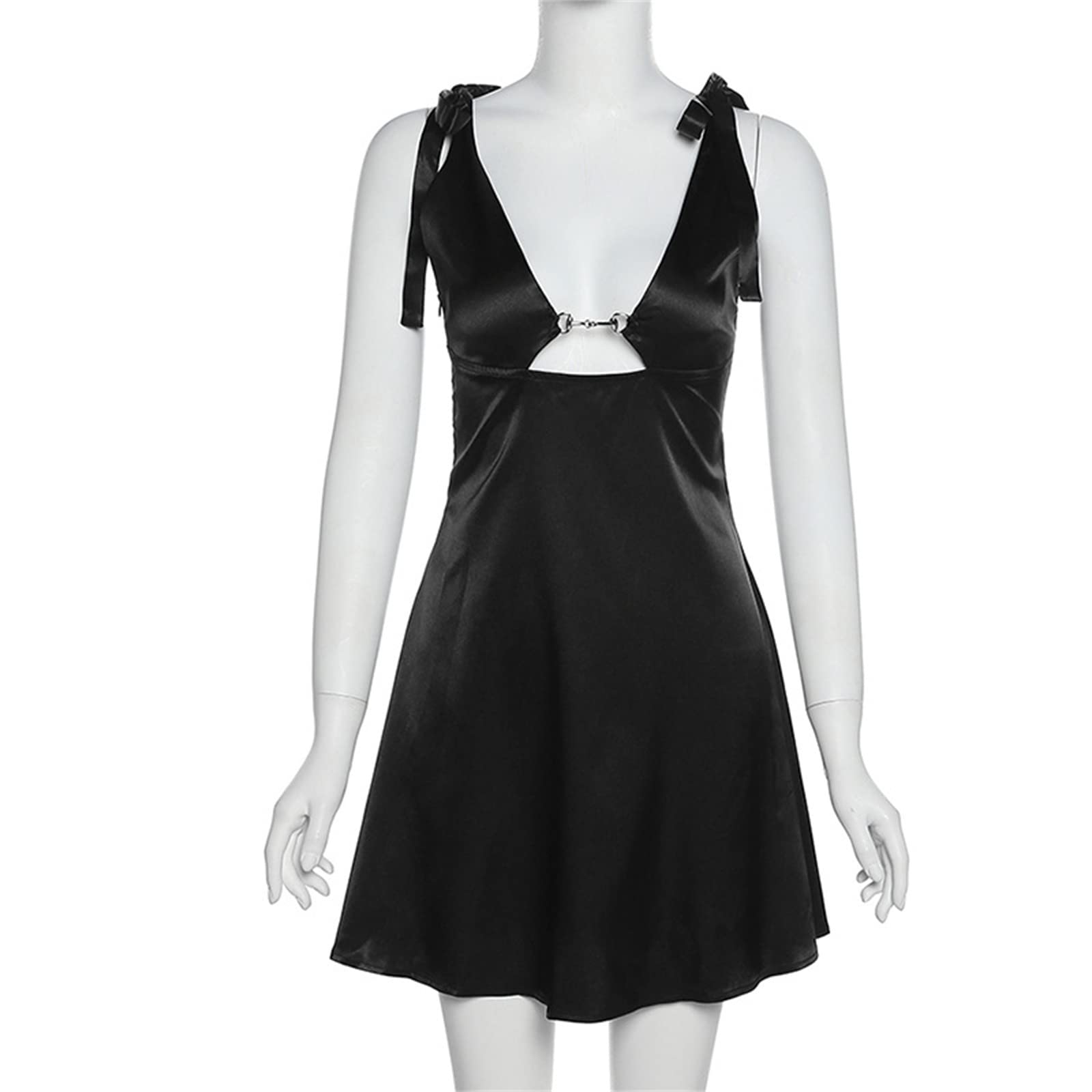 Sexy Women's Satin Hollow Out Mini Dress - Spaghetti Strap Bodycon Dress with Tie Up Detail for Party, Night Out or Streetwear | Elegant Clubwear & Summer Fashion Dress