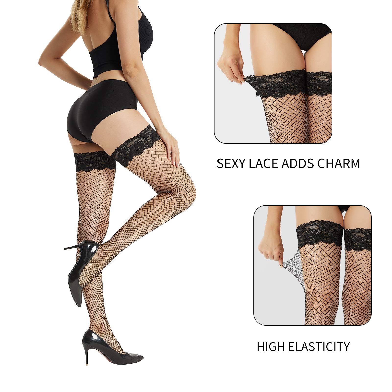 MANZI Women's Fishnet Thigh High Stockings with Silicone Lace Top - Sexy Knee High Socks for Cosplay, Halloween, and Night Out