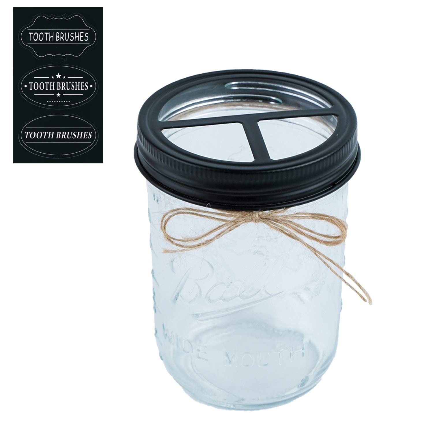 16 oz Mason Jar Toothbrush Holder - Rust Proof 304 Stainless Steel - Farmhouse Bathroom Decor with Stickers (Black) - Perfect for Rustic Home, Apartment & Vanity Organizer