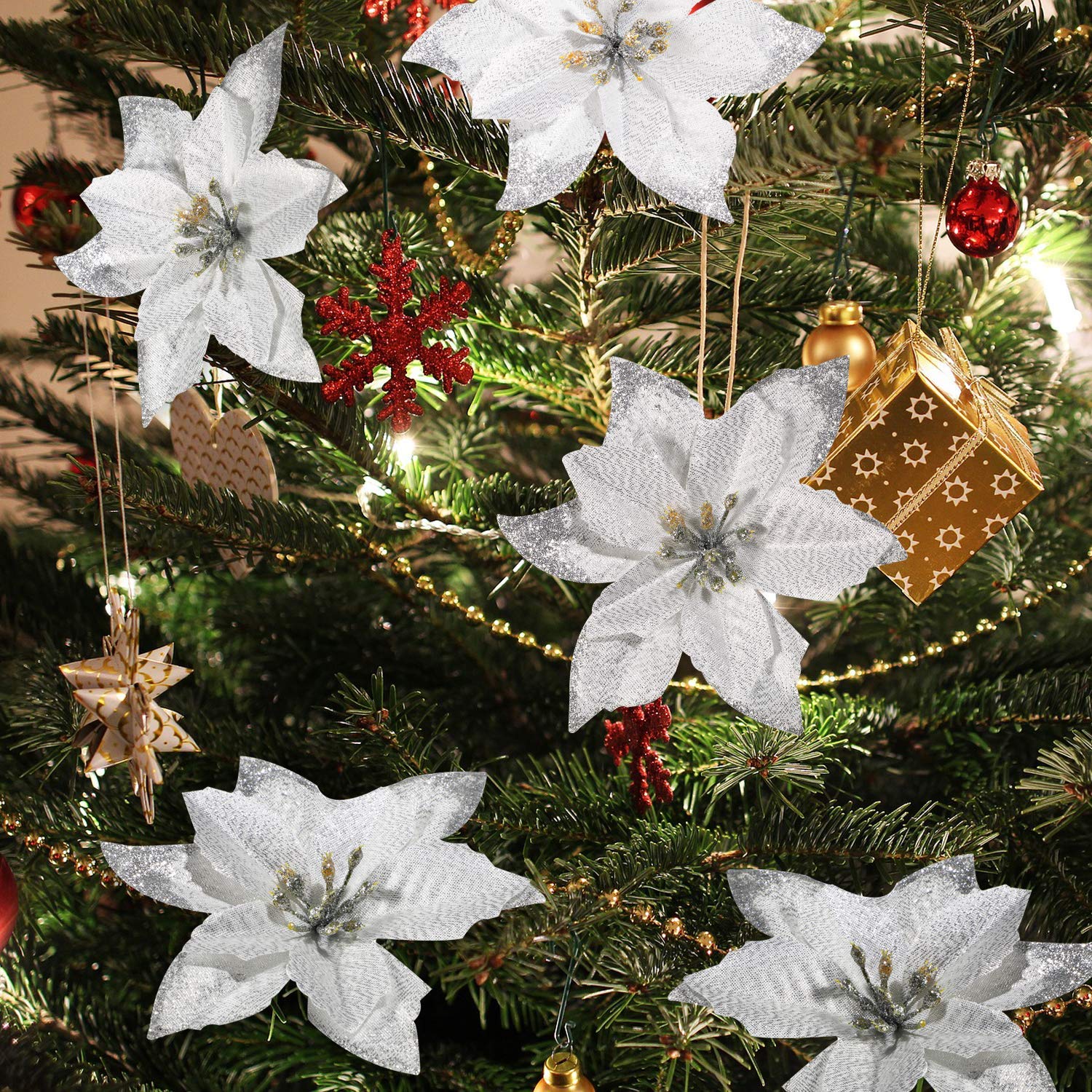 30-Piece Silver Glitter Christmas Tree Ornaments - Artificial Poinsettia Flowers for Holiday Decor, Wedding & Christmas Tree Wreaths - Perfect for Home, Party, and Festive Decorations