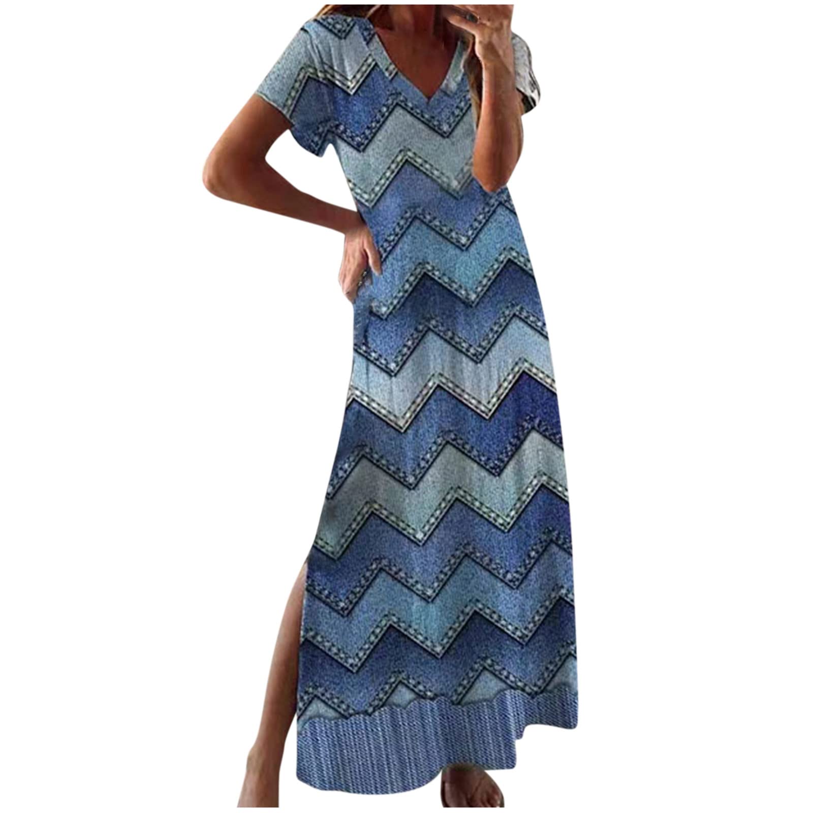 2023 Women's Summer Dresses - Casual V-Neck Short Sleeve Floral Printed Maxi Long Dress with Side Slit | Perfect for Beach Vacation, Party & Outdoor Date
