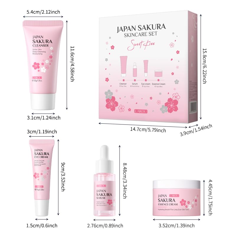 Japan Sakura Skin Care Gift Set - 4-Piece Travel Kit with Cleanser, Serum, Eye Cream & Face Cream | Gentle Skincare for Women, Moms, Wives & Teens | TSA-Friendly Beauty Essentials for Daily Routine & Gifting