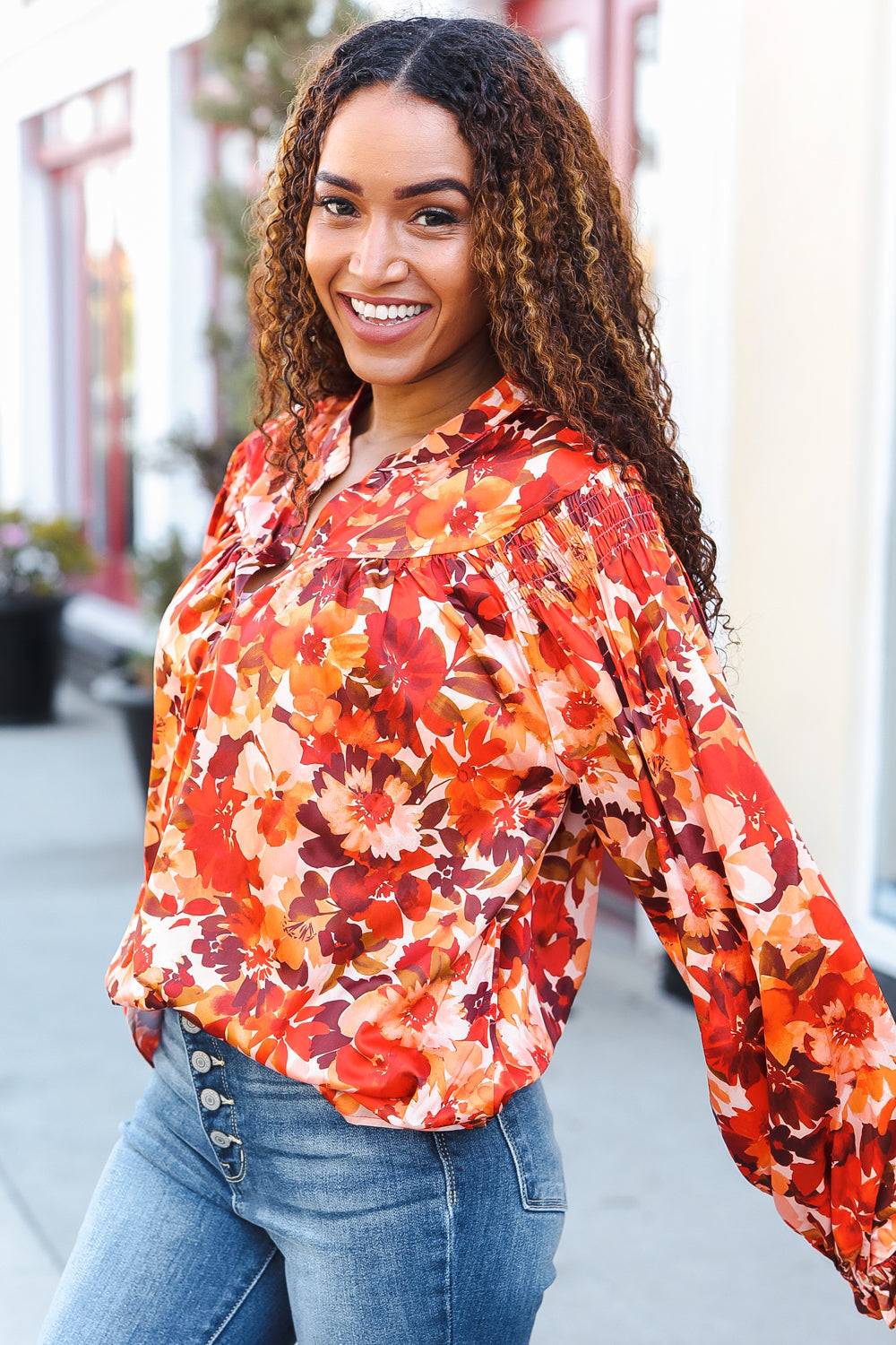 Fall Vibes Rust Floral Print Notched Neck Smocked Satin Blouse - Elegant Women's Tops for Autumn Outfits, Date Nights & Office Wear