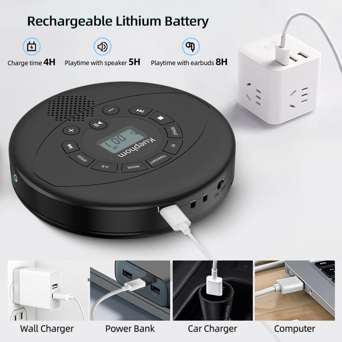 KUEPHOM Portable Bluetooth CD Player with Headphones, Rechargeable Anti-Skip Disc Walkman, Built-in Speakers, USB/AUX Input, Black - Perfect for Car, Home, Travel, and Outdoor Adventures