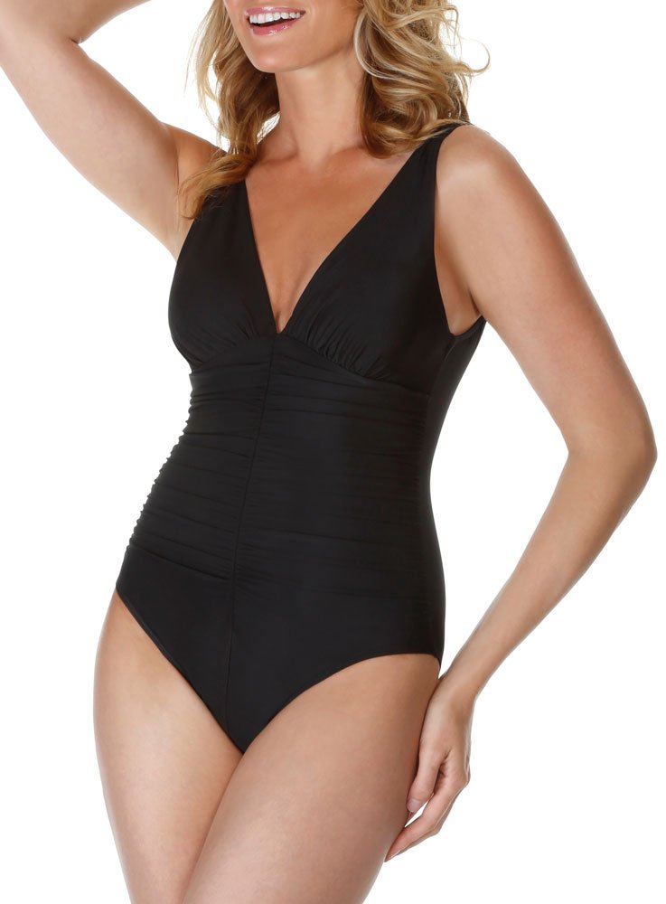 Miraclesuit Women's Tummy Control One Piece Swimsuit - Solid V-Neck Soft Cup Bathing Suit for Beach, Pool & Vacation | Shapewear Swimsuit for Women