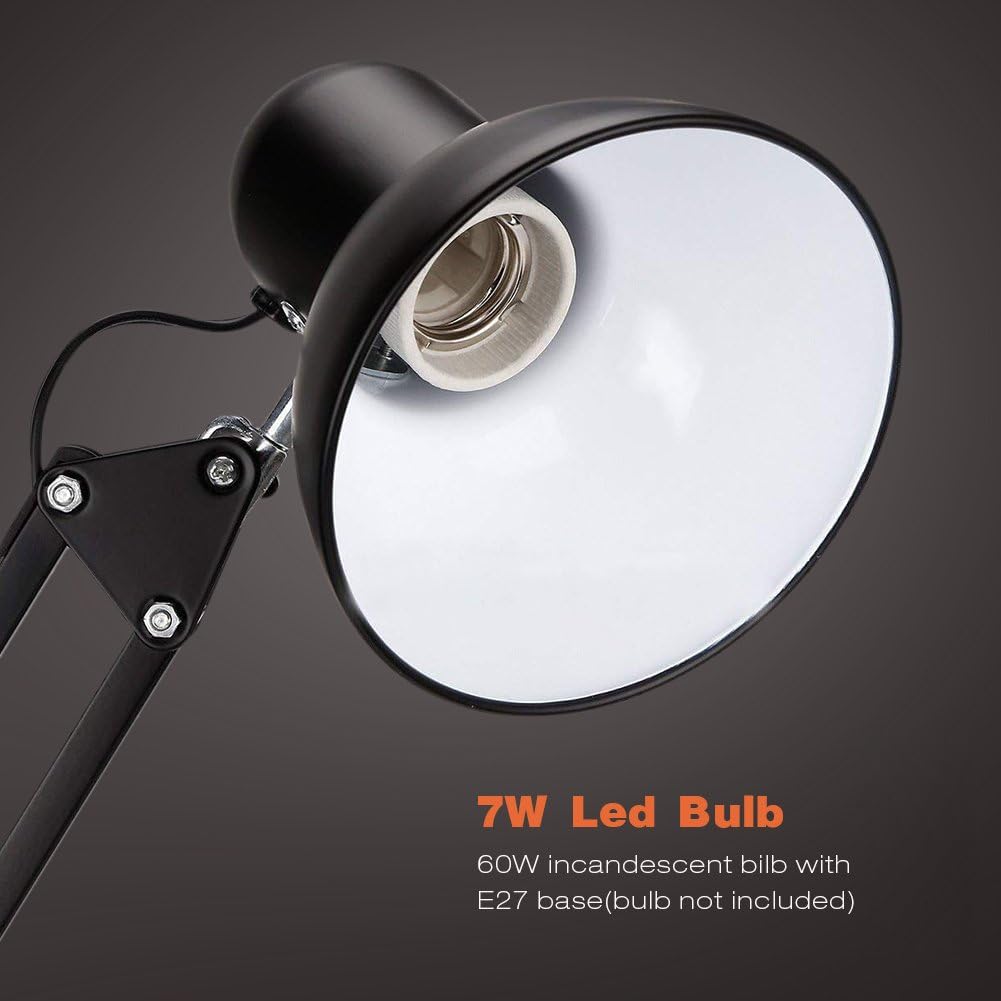 Powerking Swing Arm LED Desk Lamp - Adjustable Architect Task Light with Clamp, Classic Black Desk Lamp for Home, Dorm & Office (Bulb Not Included) | Perfect for Reading, Studying & Workspace Lighting