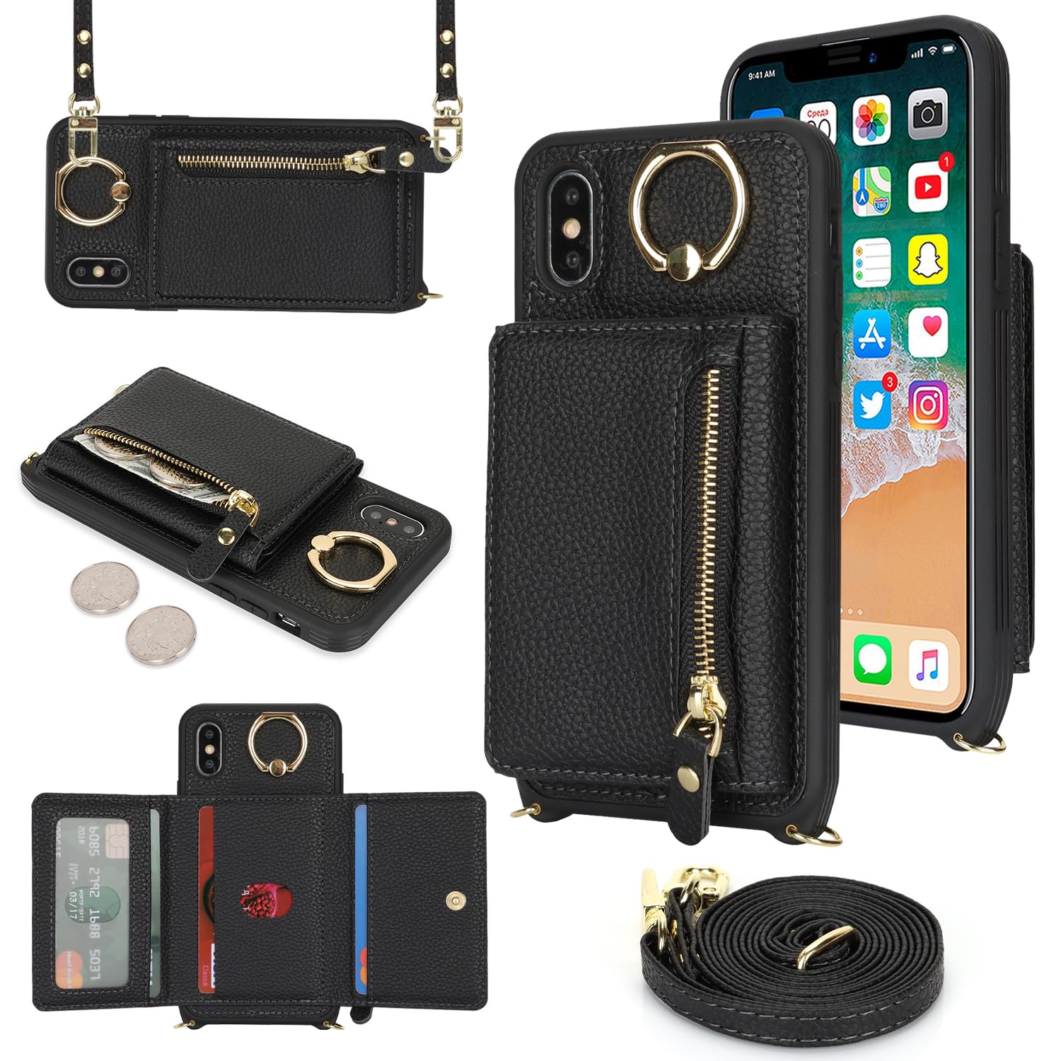Premium PU Leather iPhone X/Xs Wallet Case with Card Holder, Crossbody Strap & Stand Ring - Secure Zipper Pocket for Cards & Cash - Stylish & Functional Phone Case for Women - Perfect for Travel, Shopping & Daily Use (Black)