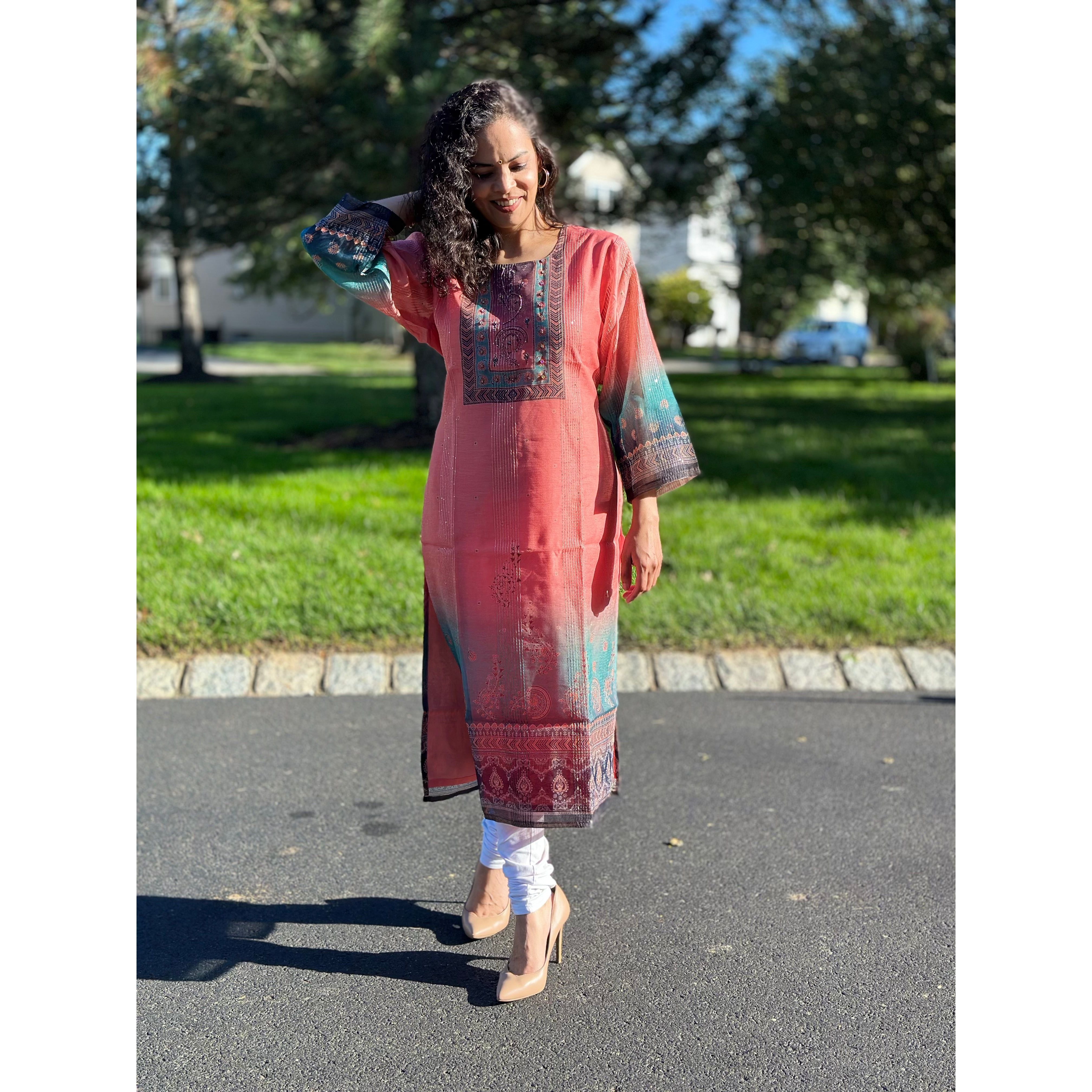 Elegant Printed Peach Silk Kurta for Women - Comfortable & Stylish Indian Ethnic Wear for Festivals, Weddings & Casual Outings
