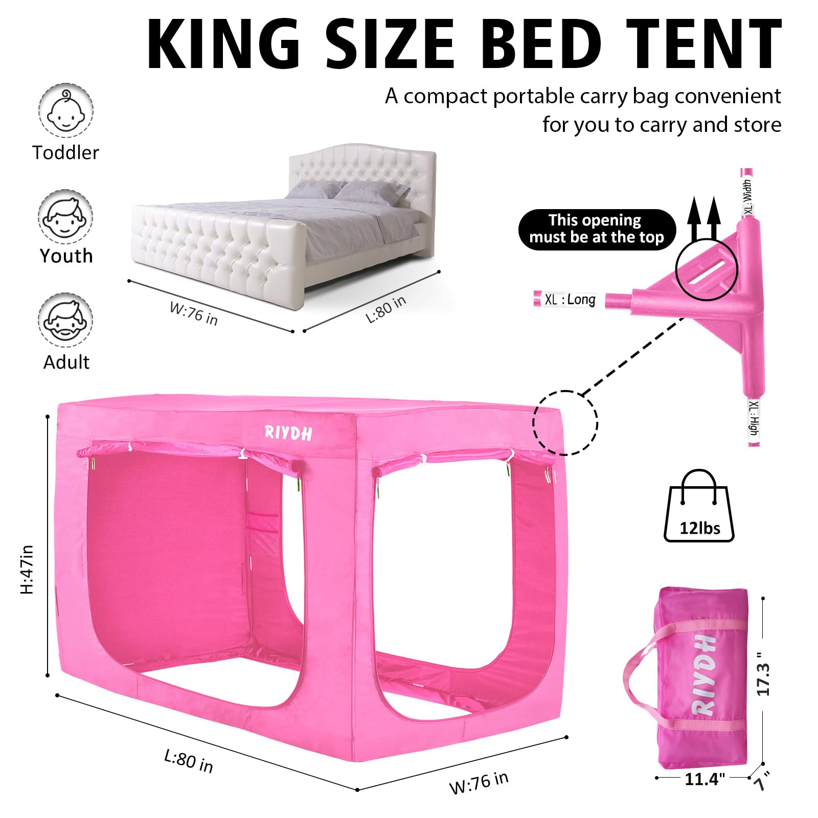 King Size Bed Tent Canopy - Portable Blackout Sleeping Tent for Adults & Kids, 70% Light Blocking with 3 Doors & Breathable Fabric (Pink) - Perfect for Camping, Bedroom Privacy & Cozy Indoor Sleepovers