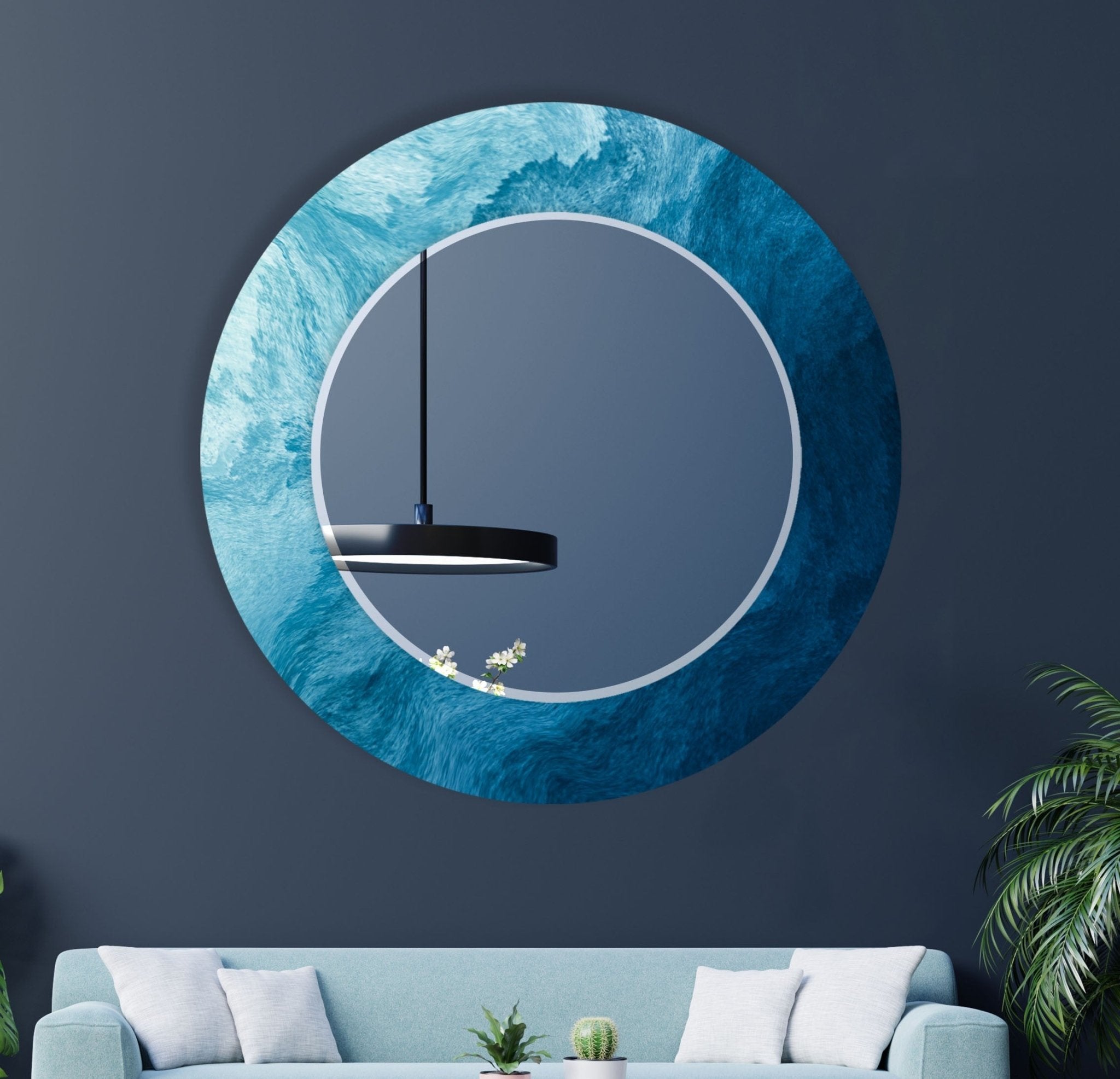 Abstract Blue Waves Wall Mirror - Modern Coastal Decor for Living Room, Bedroom & Bathroom - Handmade Glass Art for Home & Office Decor