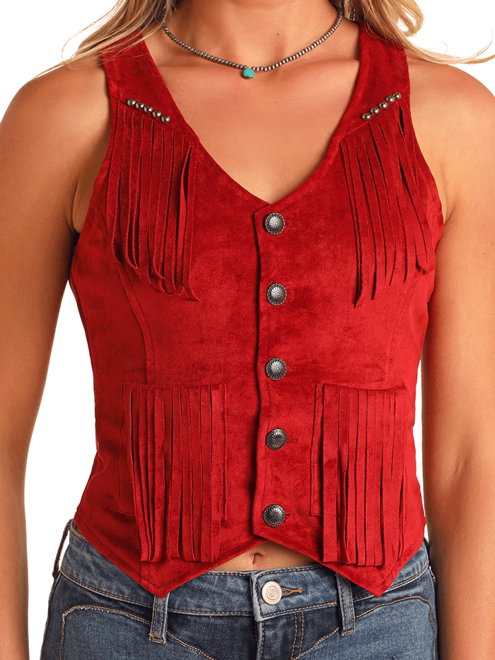 Rock & Roll Denim BW98C05918 Women's Studded Microsuede Fringe Vest - Red | Boho Chic Jacket for Concerts, Festivals & Casual Outfits