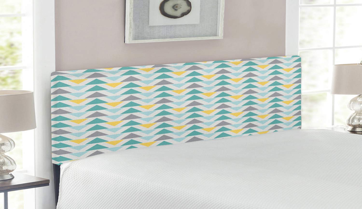 Ambesonne Queen Size Upholstered Geometric Headboard - Chevron Lines Triangle Pattern, Abstract Retro Design in Seafoam Yellow Grey - Decorative Metal Bed Headboard with Memory Foam for Modern Bedroom Decor