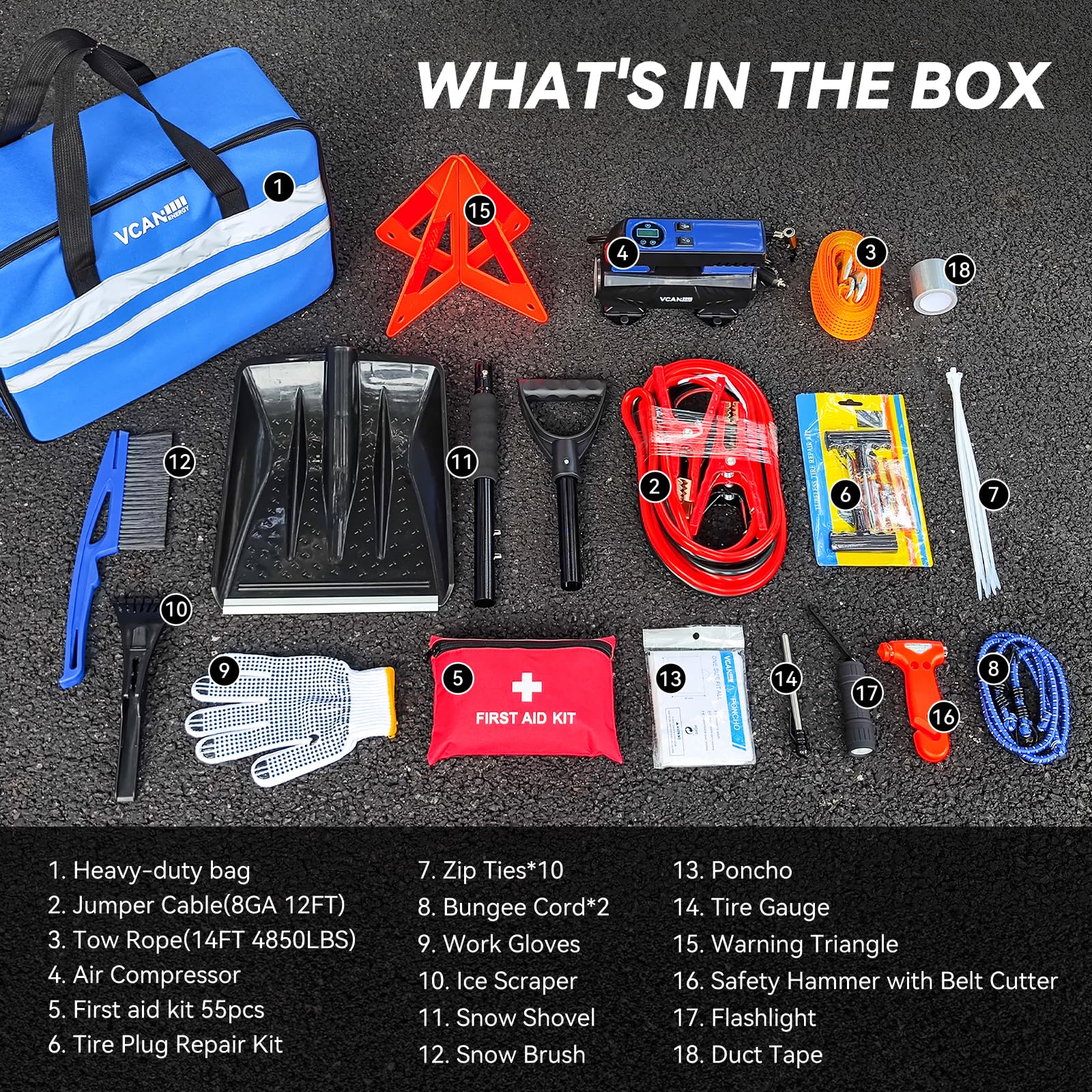 **Car Emergency Safety Kit with Digital Air Compressor, Jumper Cables, First Aid Kit & Detachable Snow Shovel – Winter Roadside Assistance for Women, Men & Teens – Perfect for Road Trips, Camping & Winter Driving**