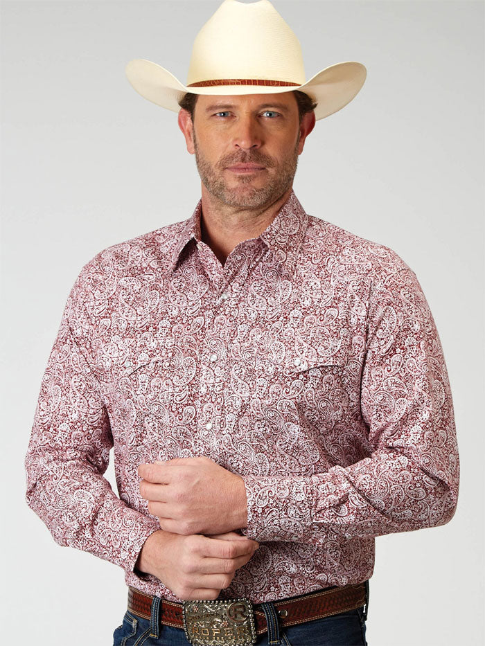 Roper Men's Long Sleeve Snap Button Western Paisley Shirt - Red Plaid Cowboy Shirt for Casual Wear, Rodeo & Country Music Events