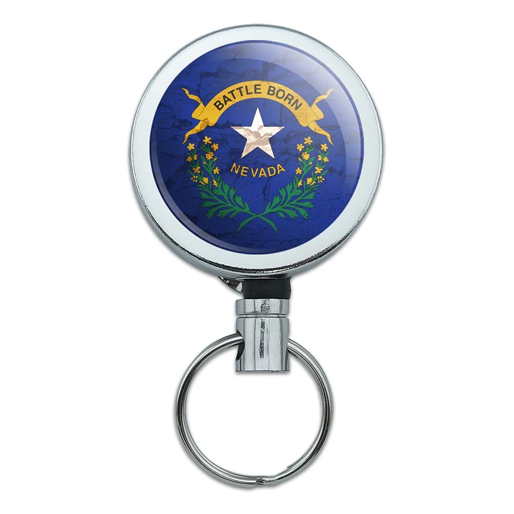 Rustic Distressed Nevada State Flag Heavy Duty Metal Retractable ID Badge Holder with Belt Clip - Perfect for Security Personnel, Office Workers & Event Staff