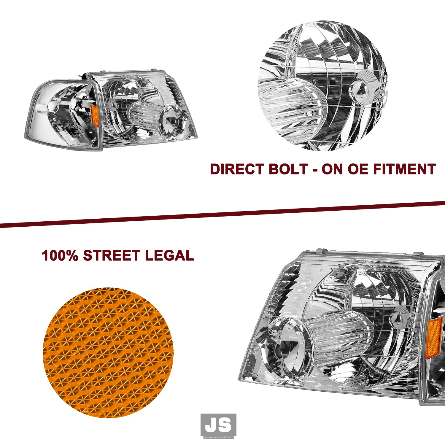 JSBOYAT Headlight Assembly Replacement with Corner Lights - 4pcs Compatible with 2002-2005 Ford Explorer - Driver & Passenger Side Headlamps (Chrome Housing, Amber Reflector) - Perfect for Night Driving & Off-Road Adventures