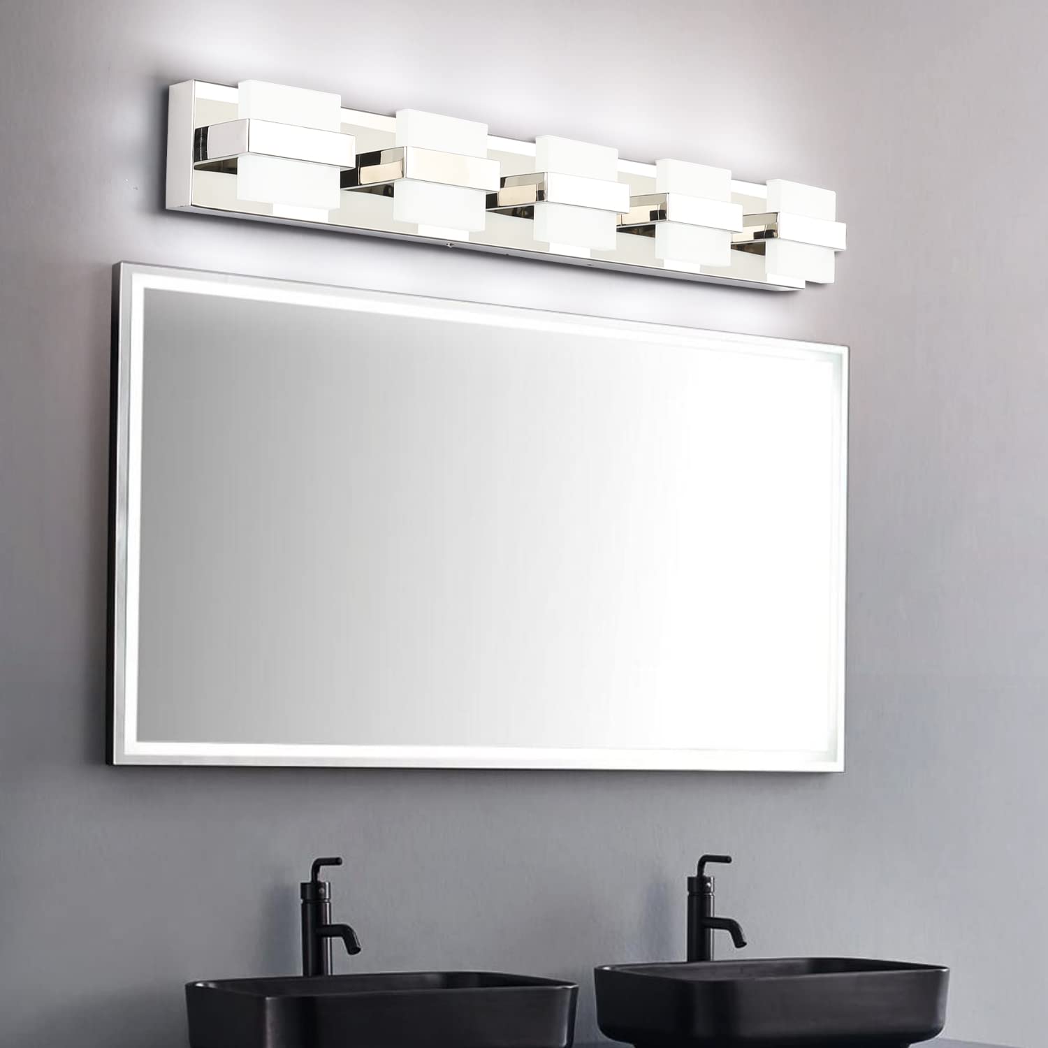 SOLFART 5-Light Chrome Modern LED Bathroom Vanity Light Fixture - 34 Inch White Non-Dimmable Mirror Lighting for Bathroom, Powder Room & Dressing Area