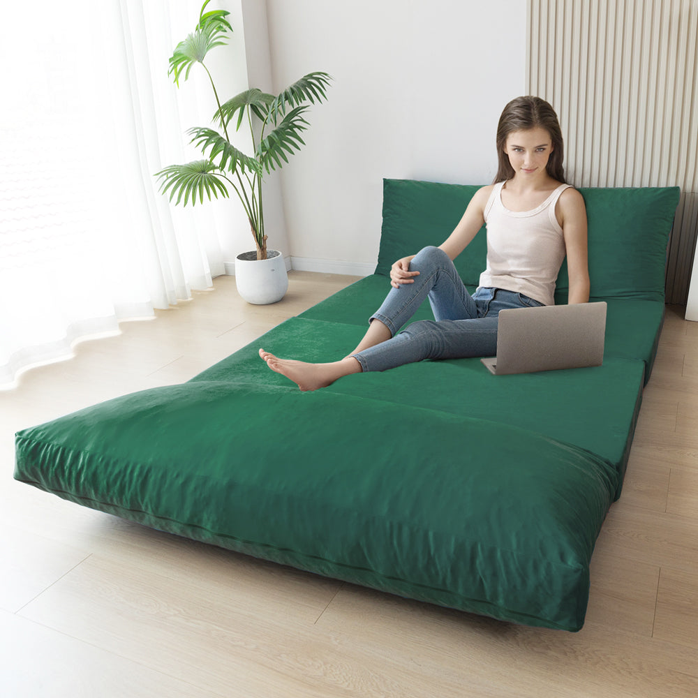 MAXYOYO Velvet Bean Bag Folding Sofa Bed - Washable Cover for Adults, Green | Portable Floor Lounger for Living Room, Bedroom & Dorm