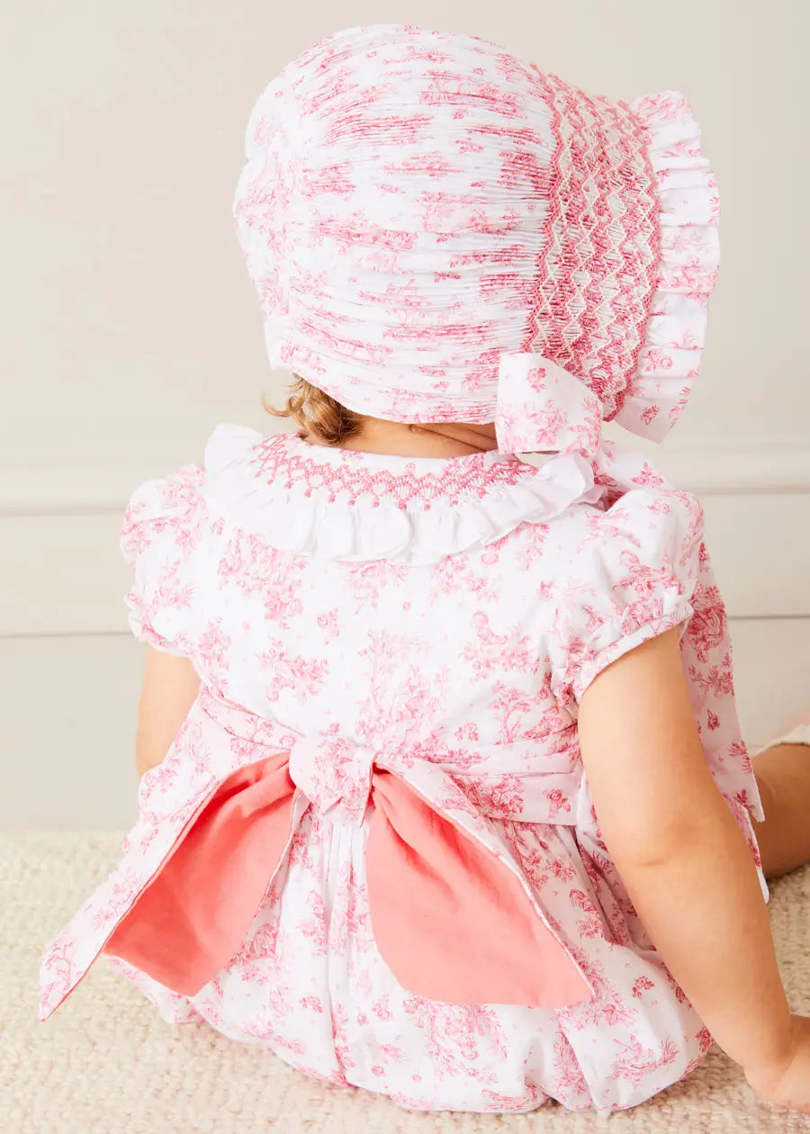 Audrey Toile Hand Smocked Baby Bonnet in Pink - Size S/M | Newborn Photoshoot & Christening Outfit Accessory