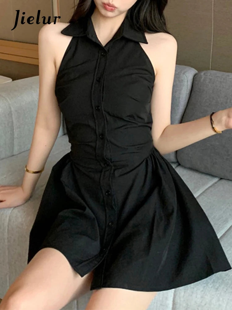 Black Halter Polo Neck Women's Shirt Dress - Slim Waist Sleeveless Solid Color Single Breasted Office Dress for Women | Perfect for Business Casual, Workwear & Summer Outfits