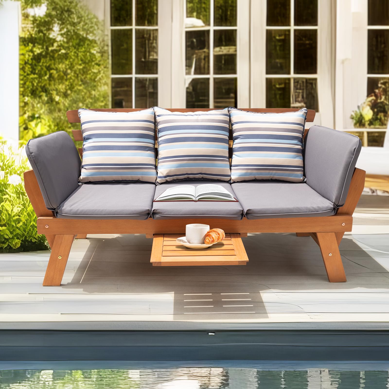 Idzo Amelie Outdoor Daybed Sofa - 750lbs Weight Capacity, Convertible Sleeper Chair with Armrests & Coffee Tray, Includes 3 Comfort Pillows, FSC Certified Wood Frame in Modern Gray - Perfect for Patio, Poolside, Garden or Backyard Relaxation