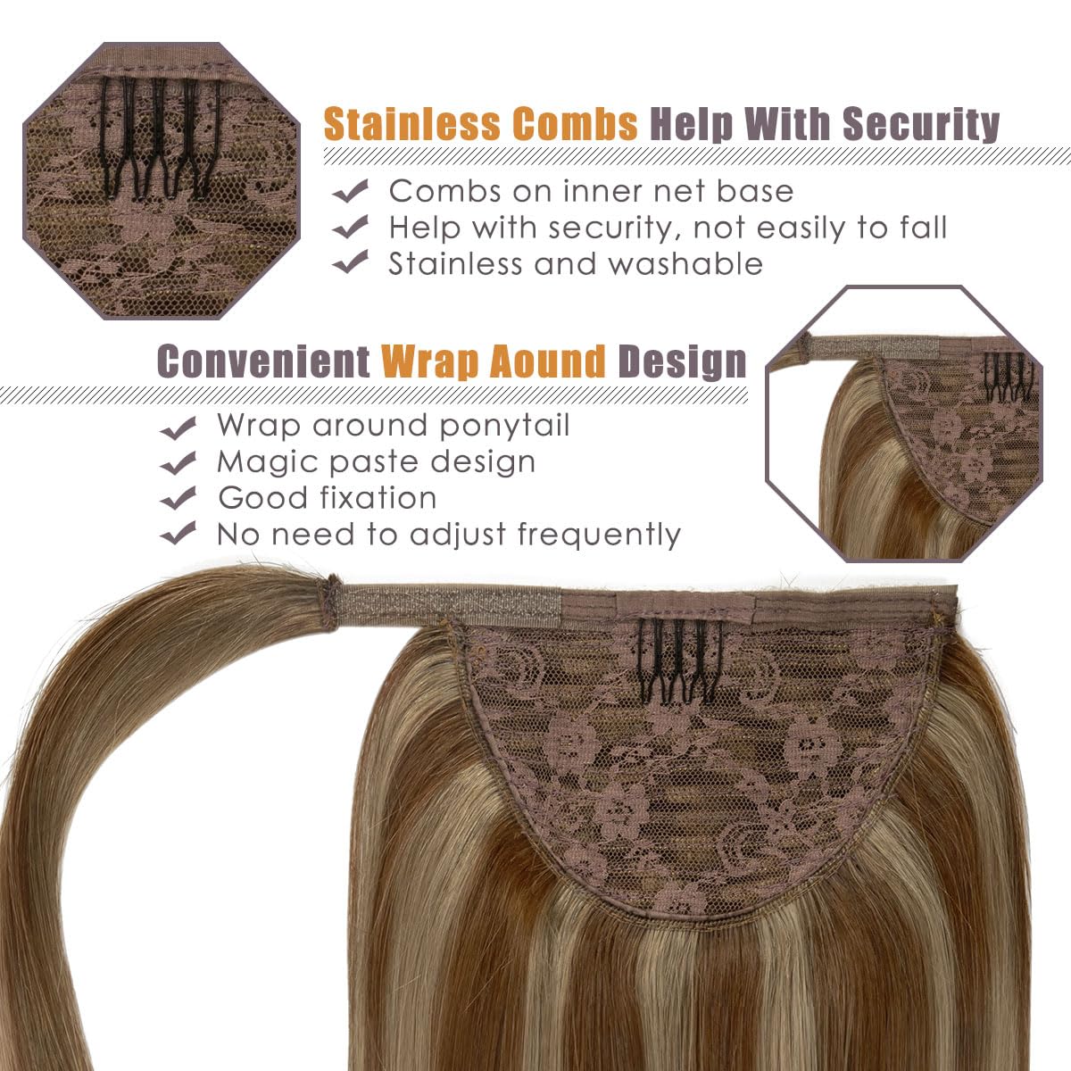 14 Inch Dark Brown Human Hair Ponytail Extensions with Light Brown Highlights - 70g Thick Pony Tail Hairpiece for Women (Color #4/8) | Perfect for Parties, Weddings & Daily Styling