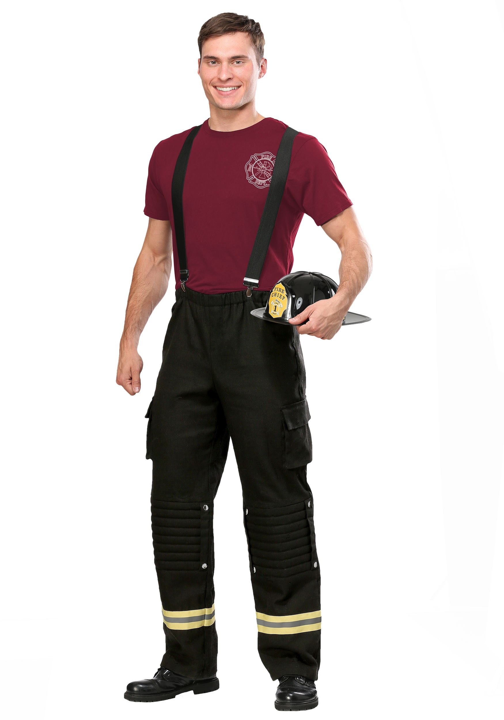 Adult Firefighter Costume with Black Suspenders, Pants, Shirt & Helmet - Fire Captain Uniform for Halloween, Cosplay, Parties & Emergency Drill Events