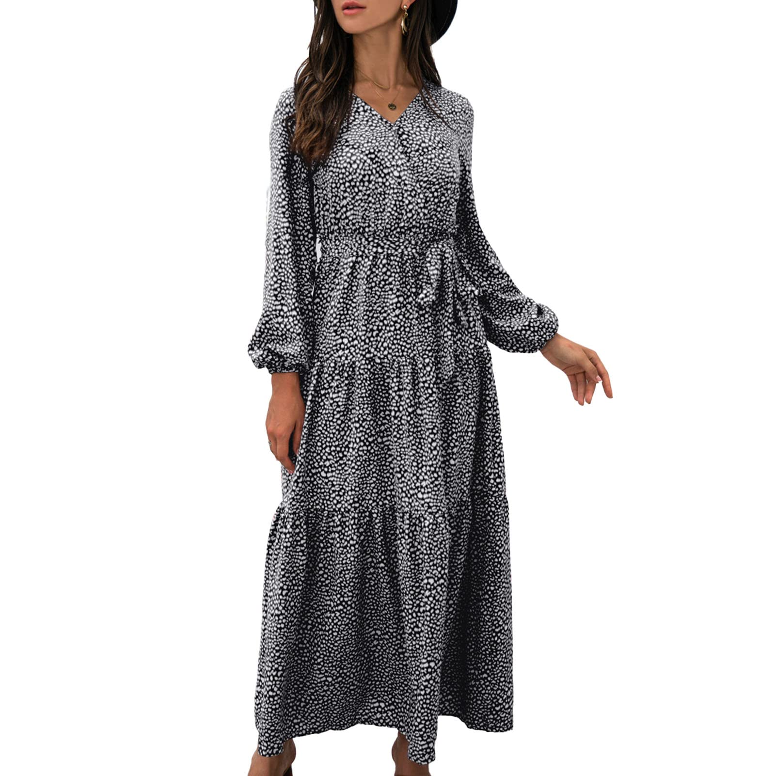 Estink Women's Floral Print V-Neck Long Puff Sleeve Boho Dress - Loose Flowy Swing Beach Dress for Casual Wear, Summer Outings & Vacation Style