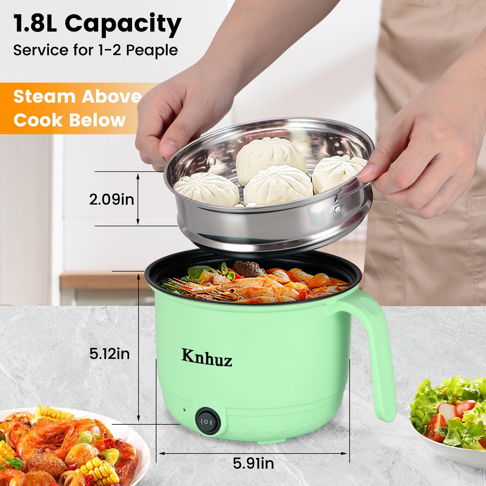 1.8L Mini Electric Hot Pot with Steamer - Fast Ramen Noodle Cooker, Portable Self-Heating Pot for Cooking Noodles, Oatmeal & Pasta | Perfect for Dorm, Office & Travel | Non-Stick Green Shabu Shabu Hot Pot