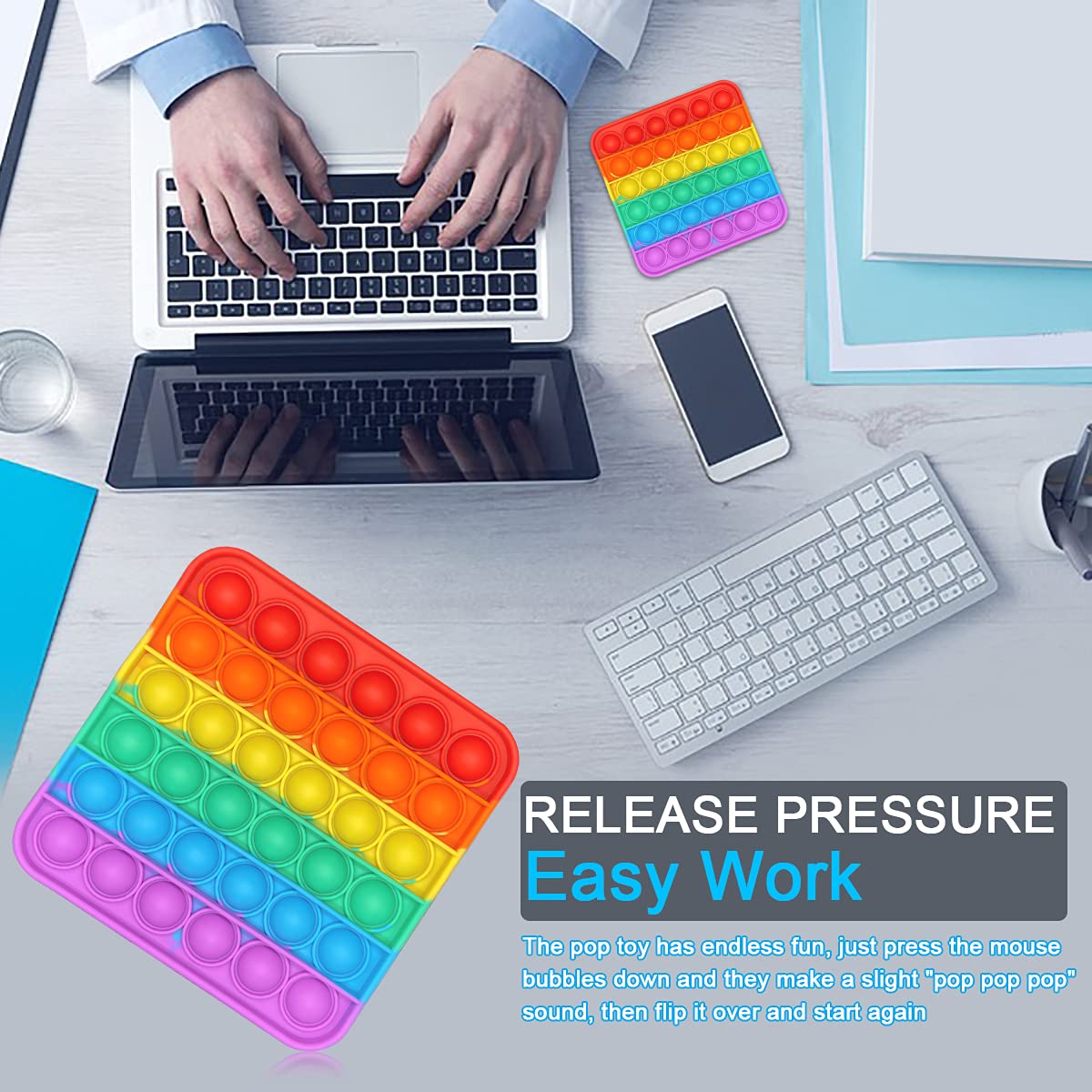 Pop Bubbles Fidget Sensory Toy for Kids & Adults - Silicone Stress Relief Push Bubble Toy for Autism, ADHD, Anxiety - Square Sensory Fidget Toy for Classroom, Office, Travel and Emotional Relaxation
