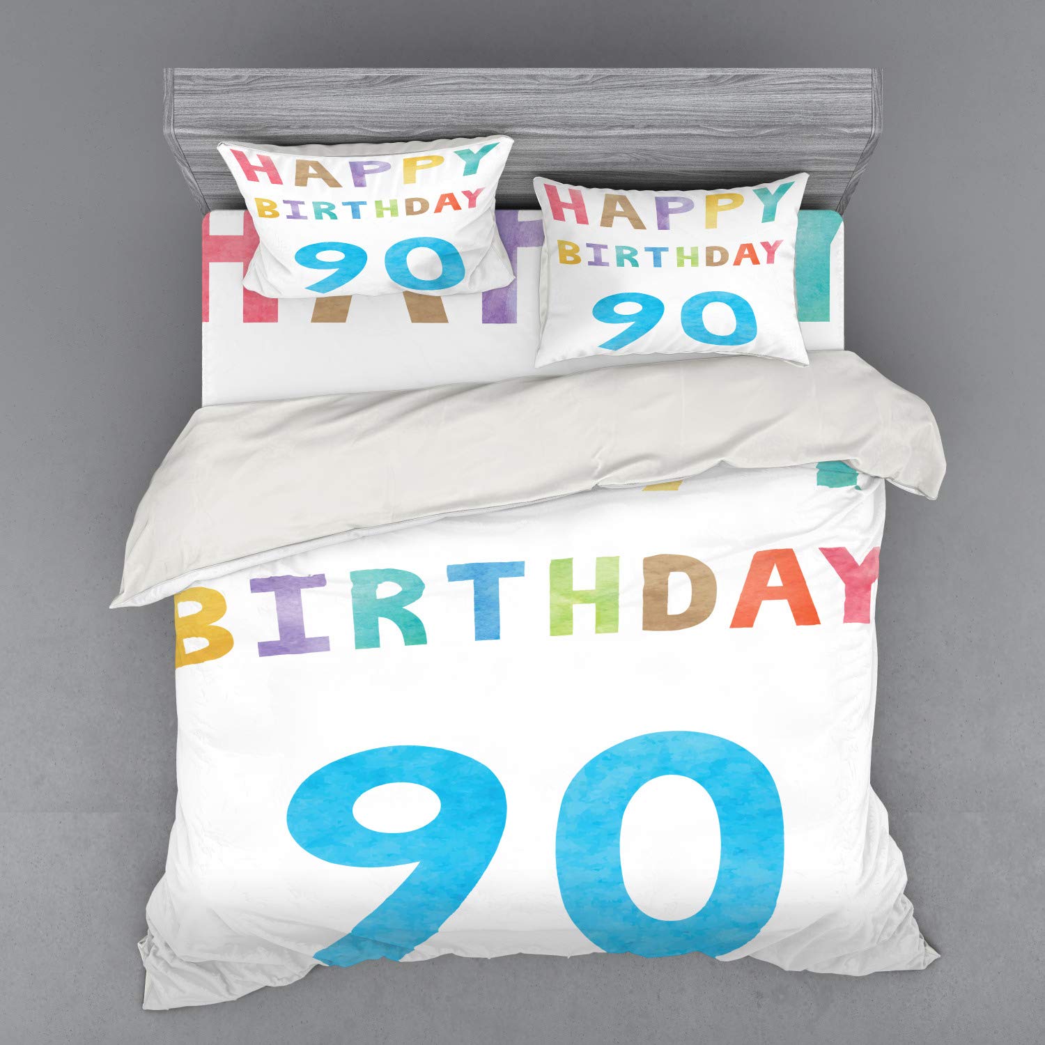 Ambesonne 90th Birthday Bedding Set - King Size 4-Piece Duvet Cover with Shams & Fitted Sheet, Pastel Watercolor Lettering Design, Multicolor | Perfect for Milestone Celebrations & Vintage-Themed Bedrooms