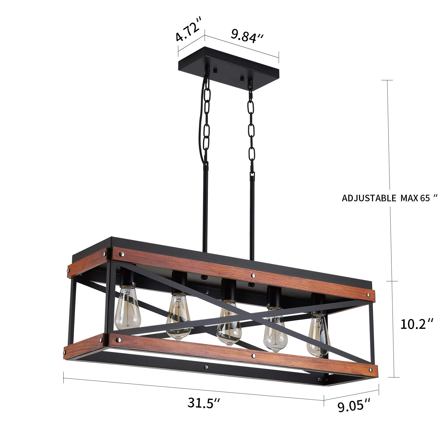 Rustic Farmhouse Kitchen Island Lighting - Wood & Metal Linear Chandelier with 5 Lights - Industrial Pendant Light Fixture for Kitchen, Dining Room, Living Room - Black - Perfect for Farmhouse Decor & Open Concept Spaces