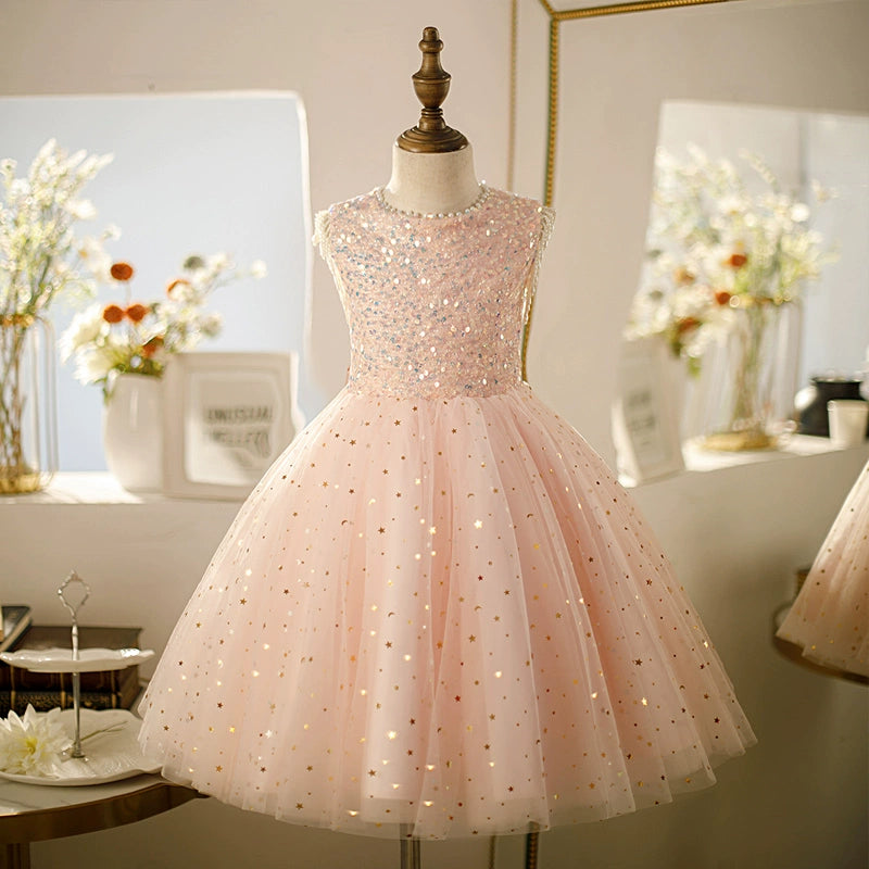Pink A-Line Round Neck Tea-Length Tulle Flower Girl Dress for Weddings, Parties & Special Occasions