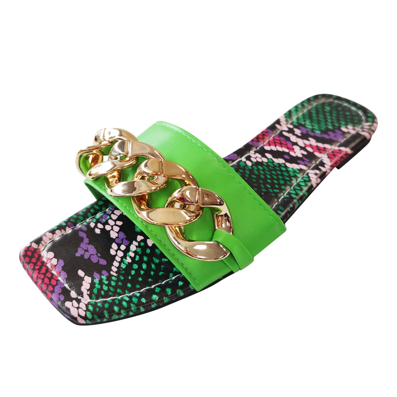 Women's Flat Sandals - Leopard Print Open Toe Slippers with Wide Fit for Comfort (Green, Size 7.5) | Casual House Shoes, Summer Beach Slides, Lounge Slippers for Women