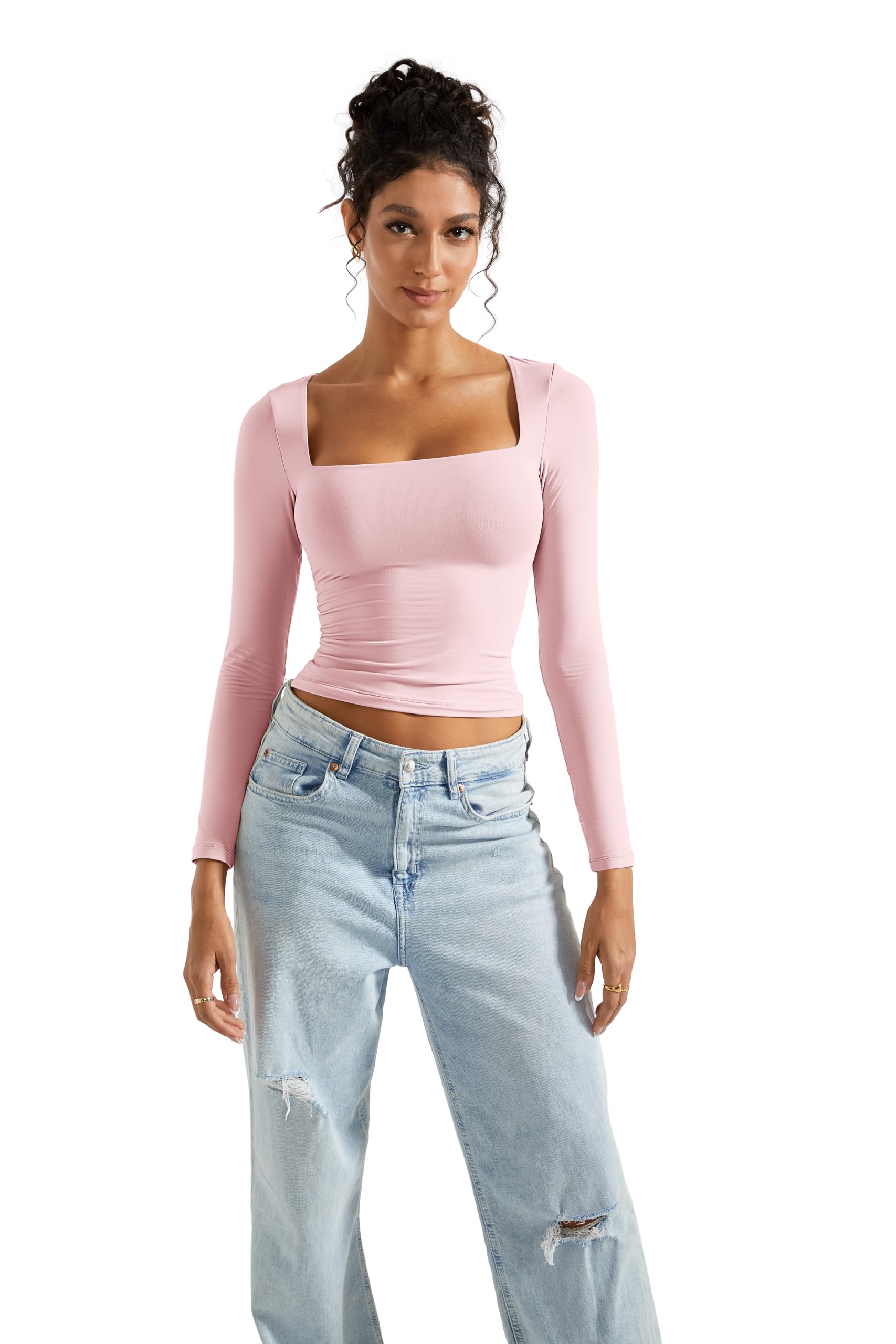 SUUKSESS Women's Square Neck Long Sleeve T-Shirt - Double Lined Casual Blouse for Going Out, Date Night, Office Wear & Everyday Outfits