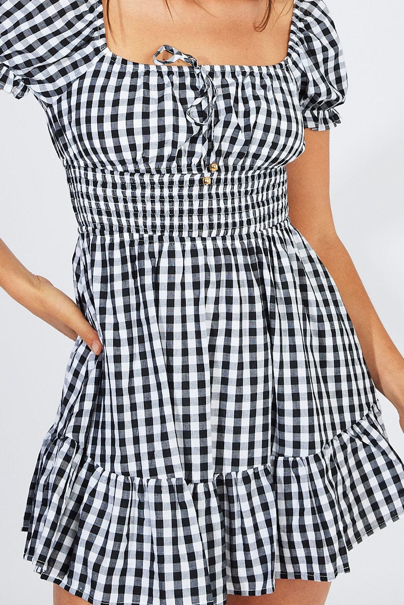 Black Check Fit and Flare Dress with Puff Sleeves - Mini Party Dress for Women, Perfect for Cocktail Parties, Date Nights & Special Occasions